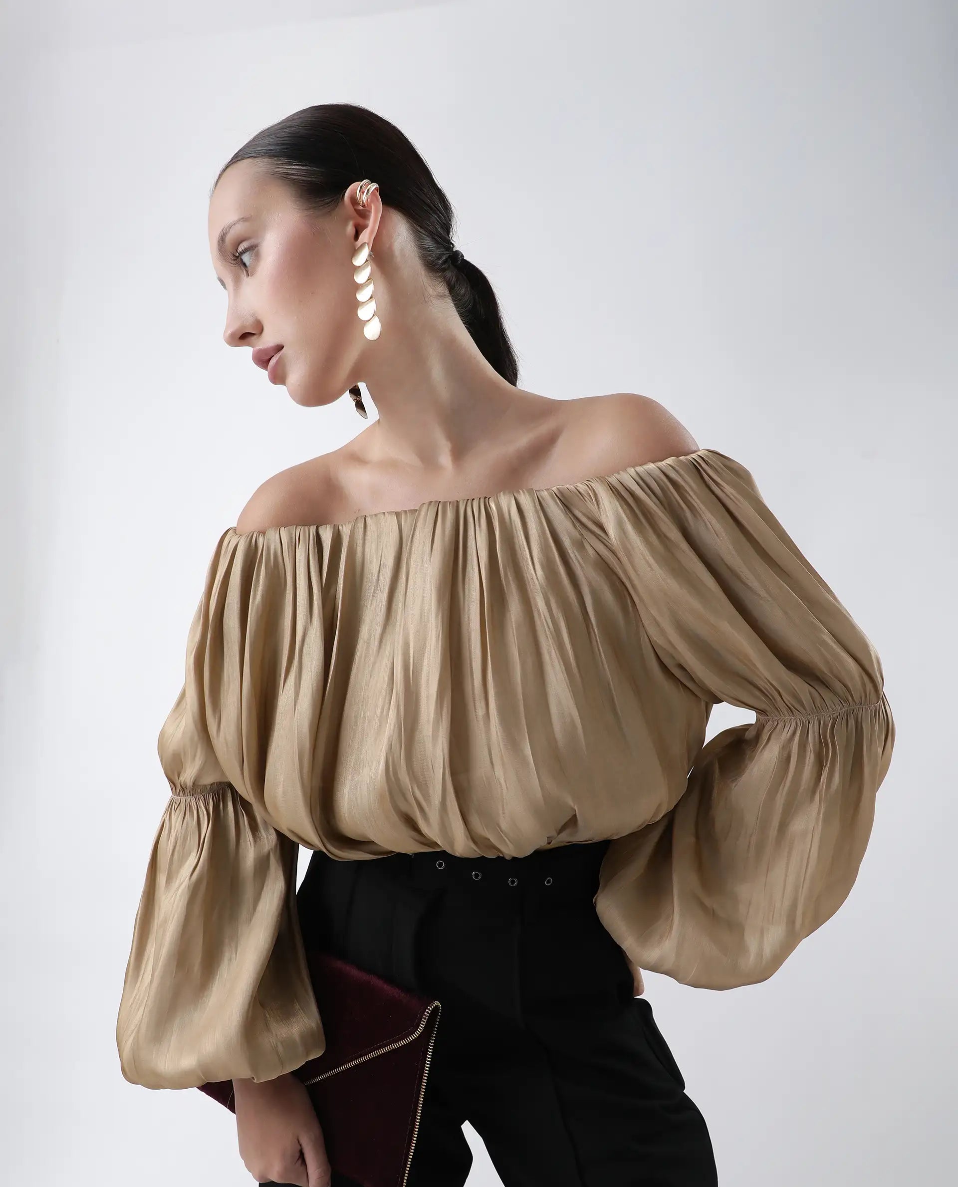 Rareism Women's Trese Gold Polyester Plain Fashion Sleeve Crop Regular Fit Top