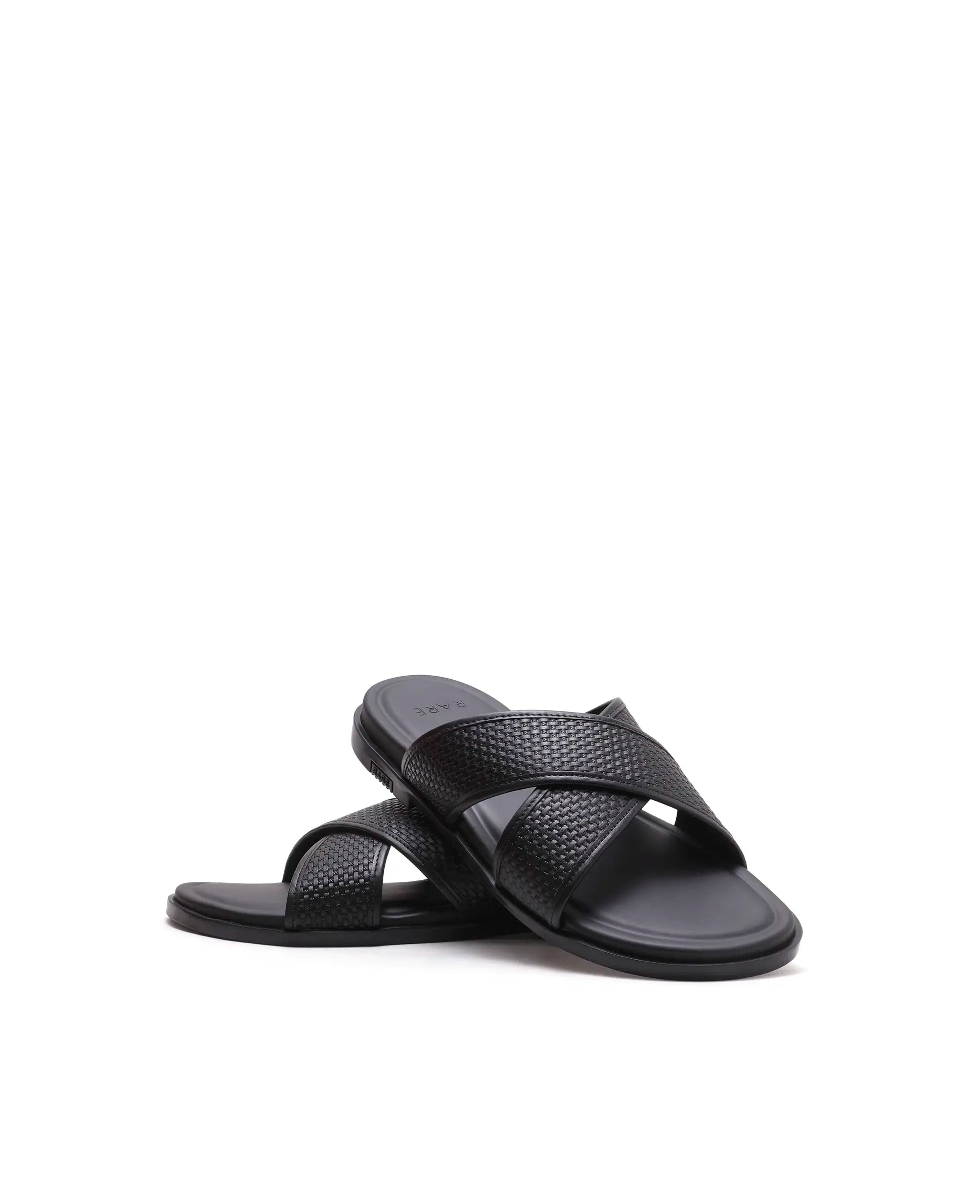 Rarez Men's Trev Black Leather Regular Sandal