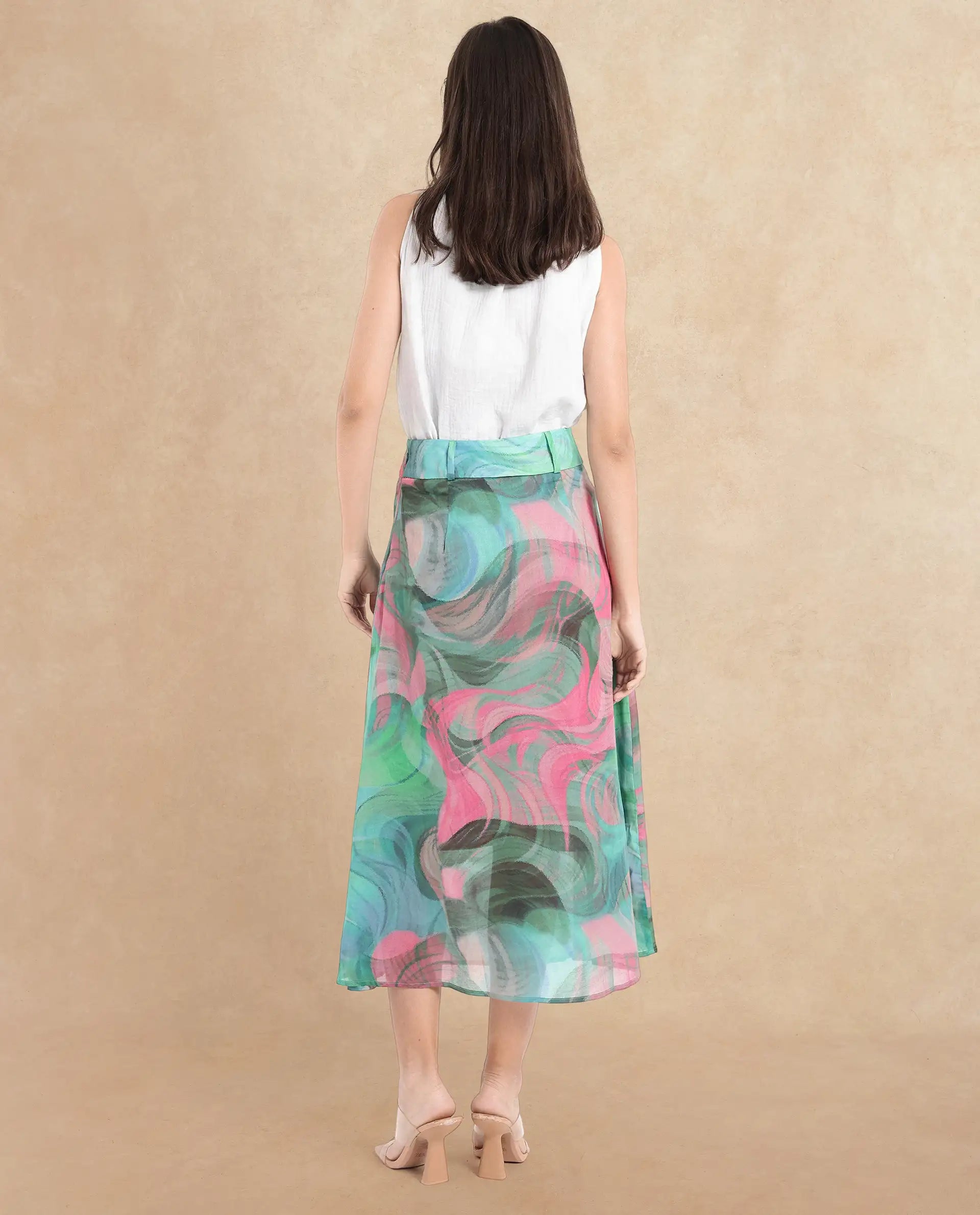 Rareism Women Treviso Dusky Multi Flared Midi Abstract Print Skirt