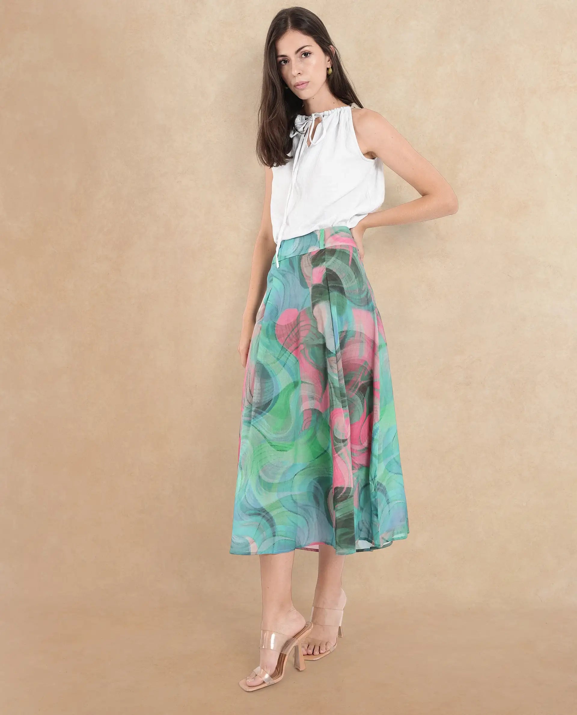 Rareism Women Treviso Dusky Multi Flared Midi Abstract Print Skirt