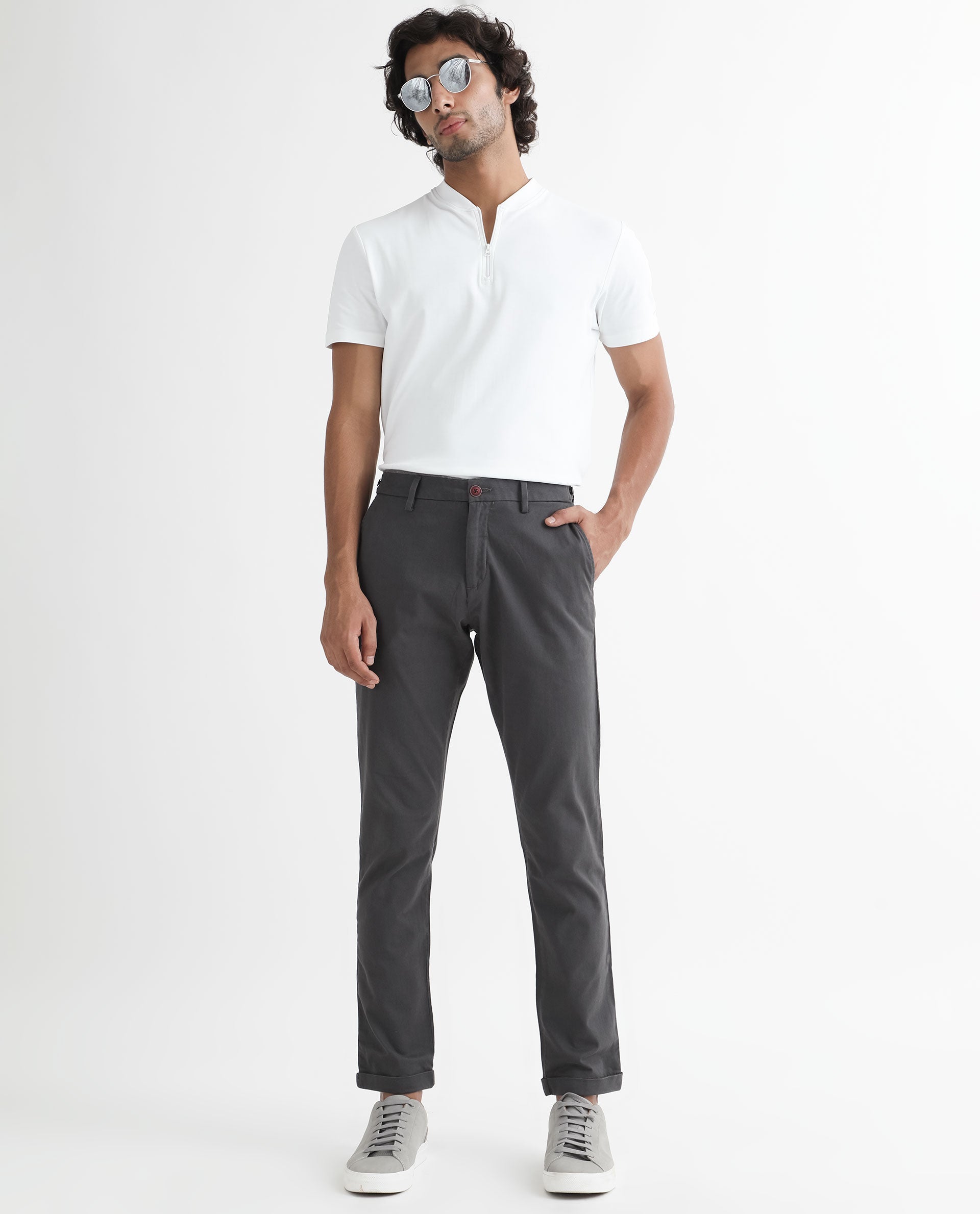 Rare Rabbit Men's Trews-1 Grey Solid Mid-Rise Regular Fit Trouser