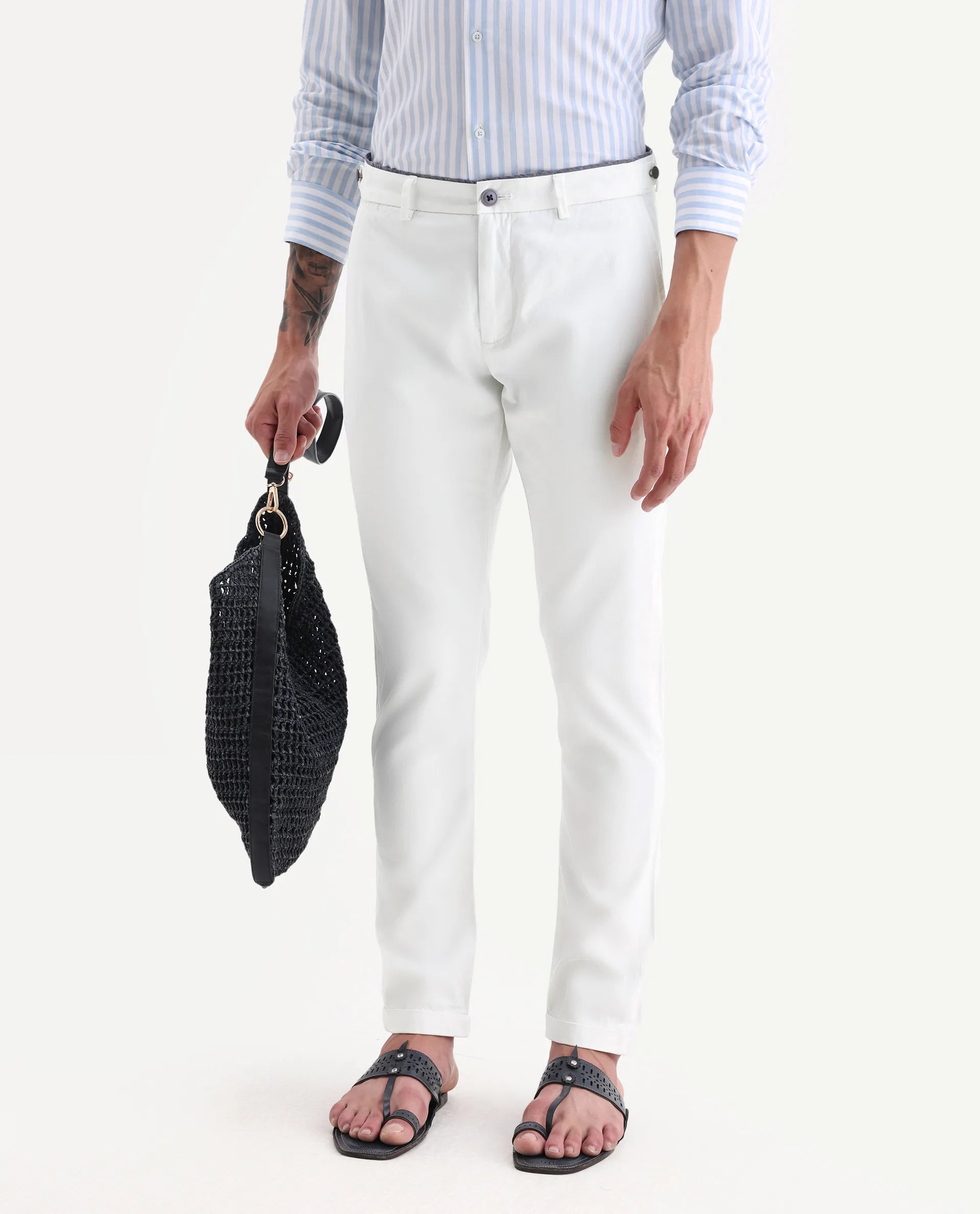 Rare Rabbit Men's Trews-22 White Cotton Plain Regular Fit Trouser