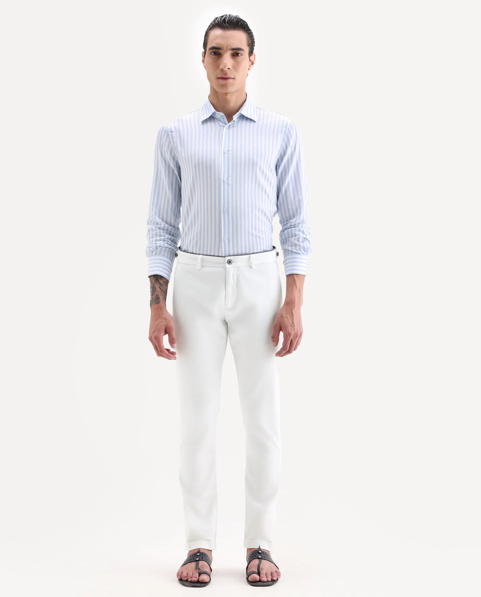 Rare Rabbit Men's Trews-22 White Cotton Plain Regular Fit Trouser