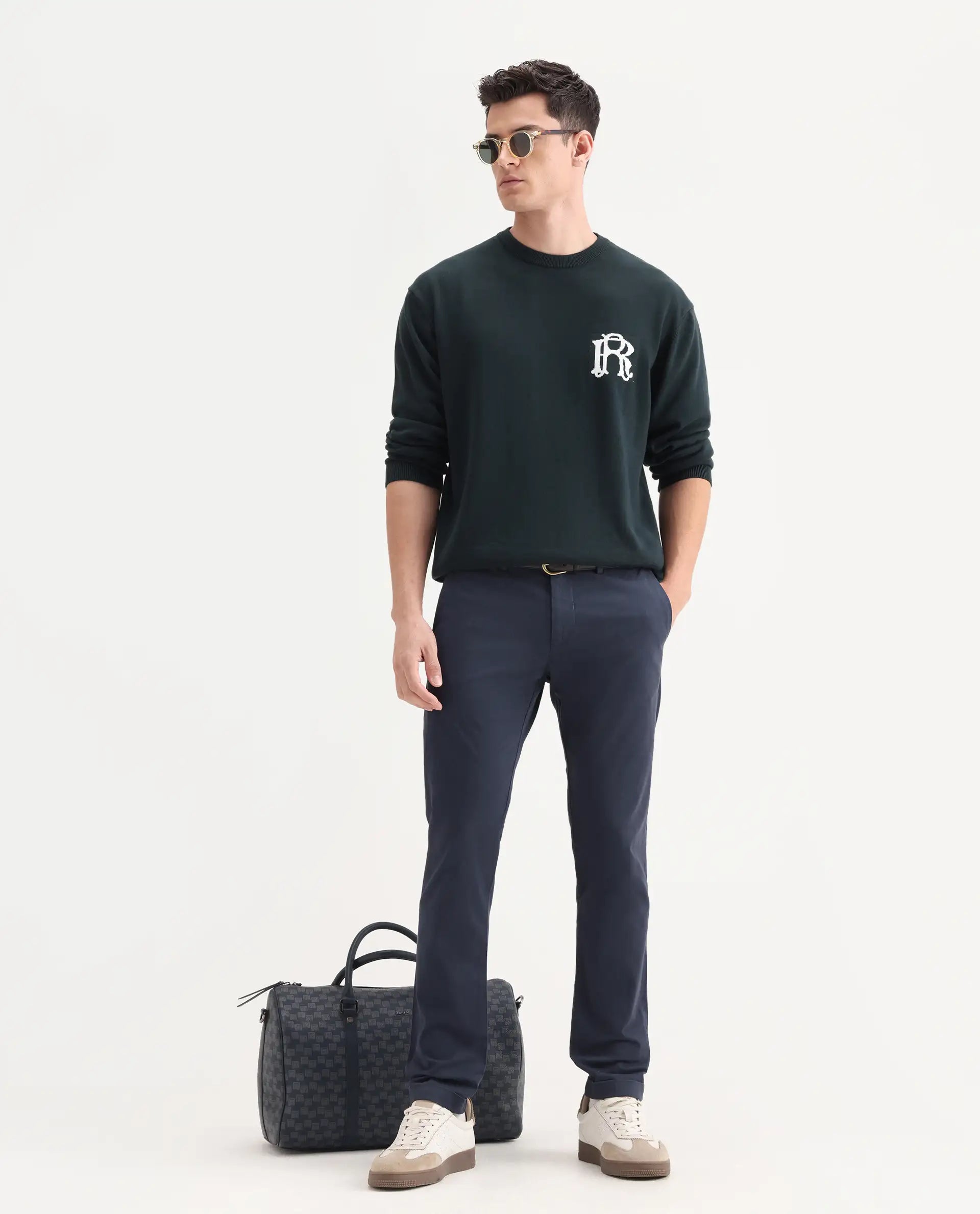 Rare Rabbit Men's Trews-22 Navy Cotton Plain Regular Fit Trouser