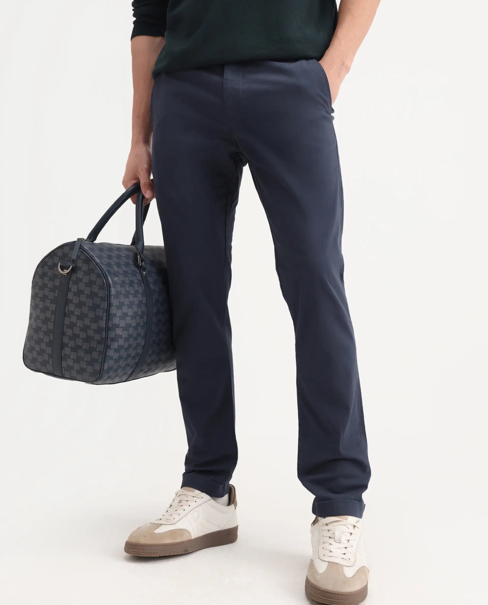 Rare Rabbit Men's Trews-22 Navy Cotton Plain Regular Fit Trouser