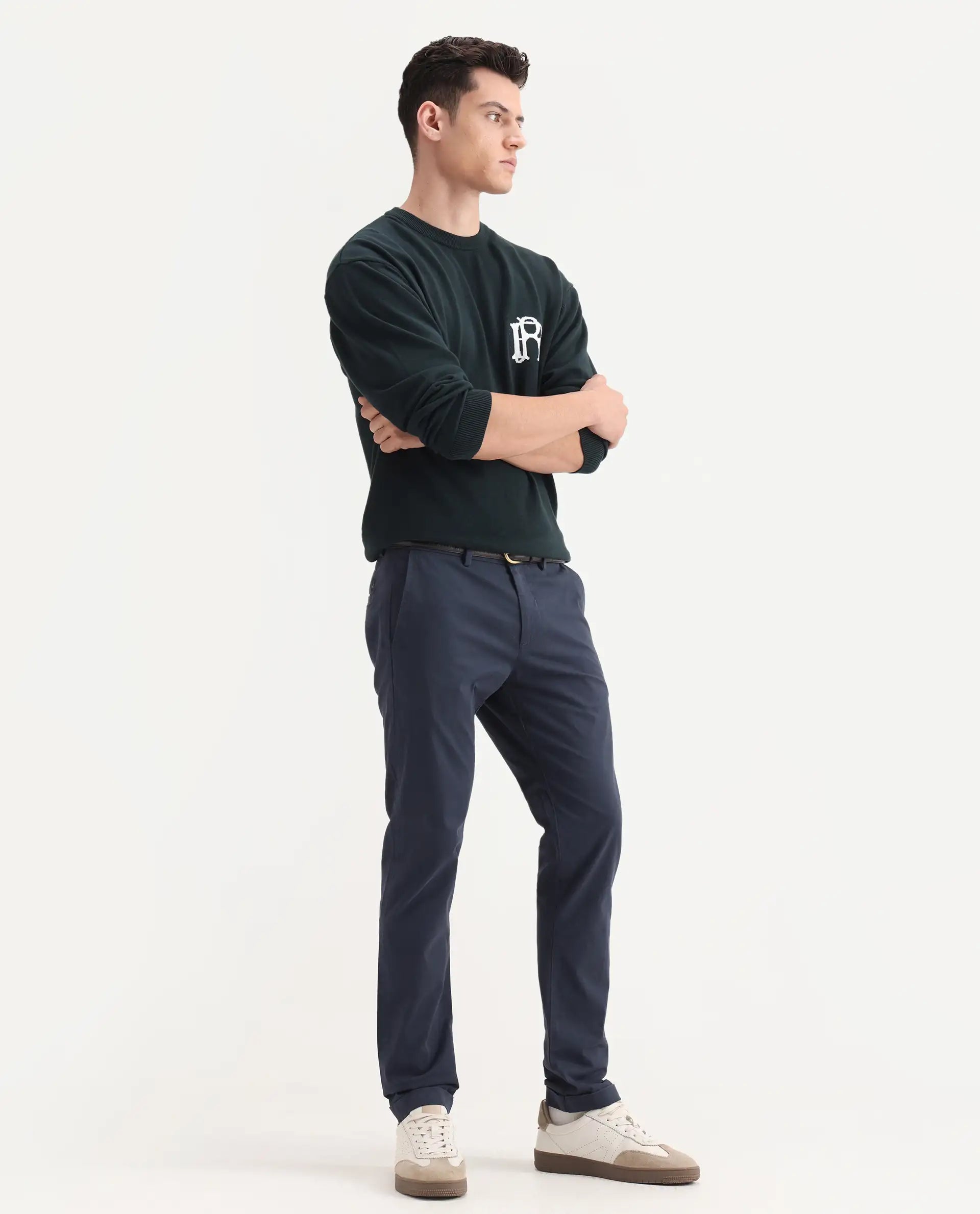 Rare Rabbit Men's Trews-22 Navy Cotton Plain Regular Fit Trouser