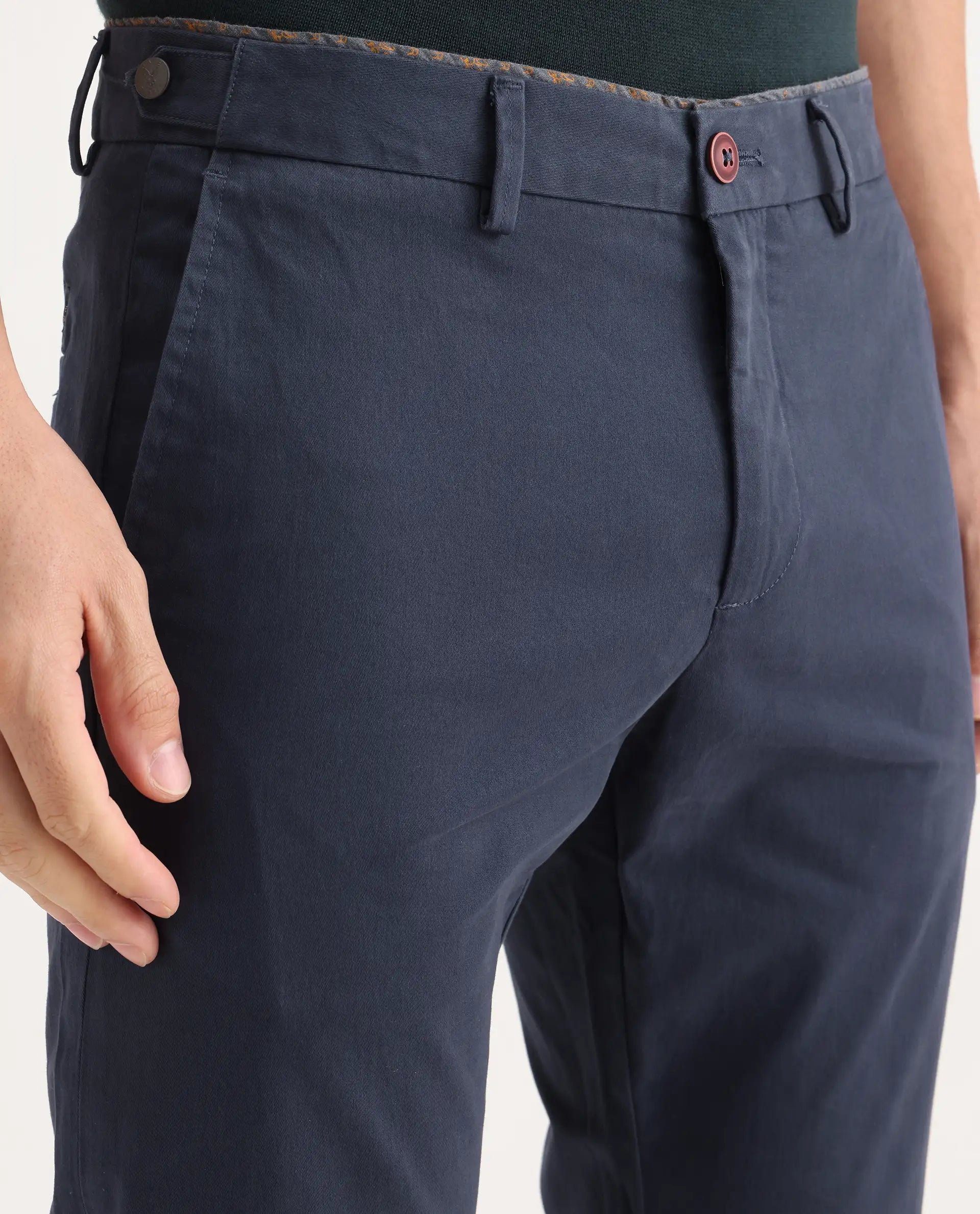 Rare Rabbit Men's Trews-22 Navy Cotton Plain Regular Fit Trouser