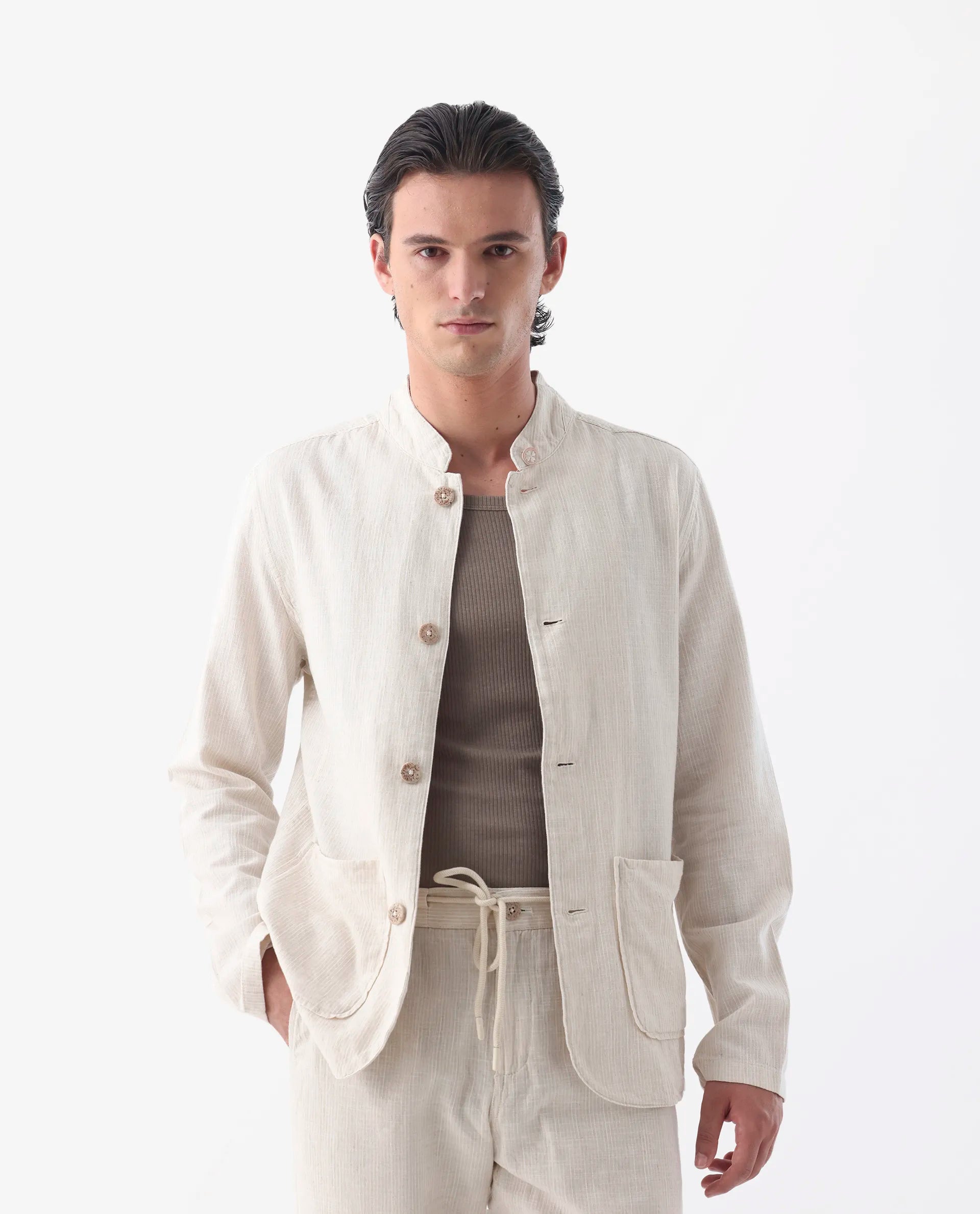 Rare Rabbit Men's Trex Beige Linen Blend Striped Print Regular Fit Full Sleeve Mandarin Collar Jacket