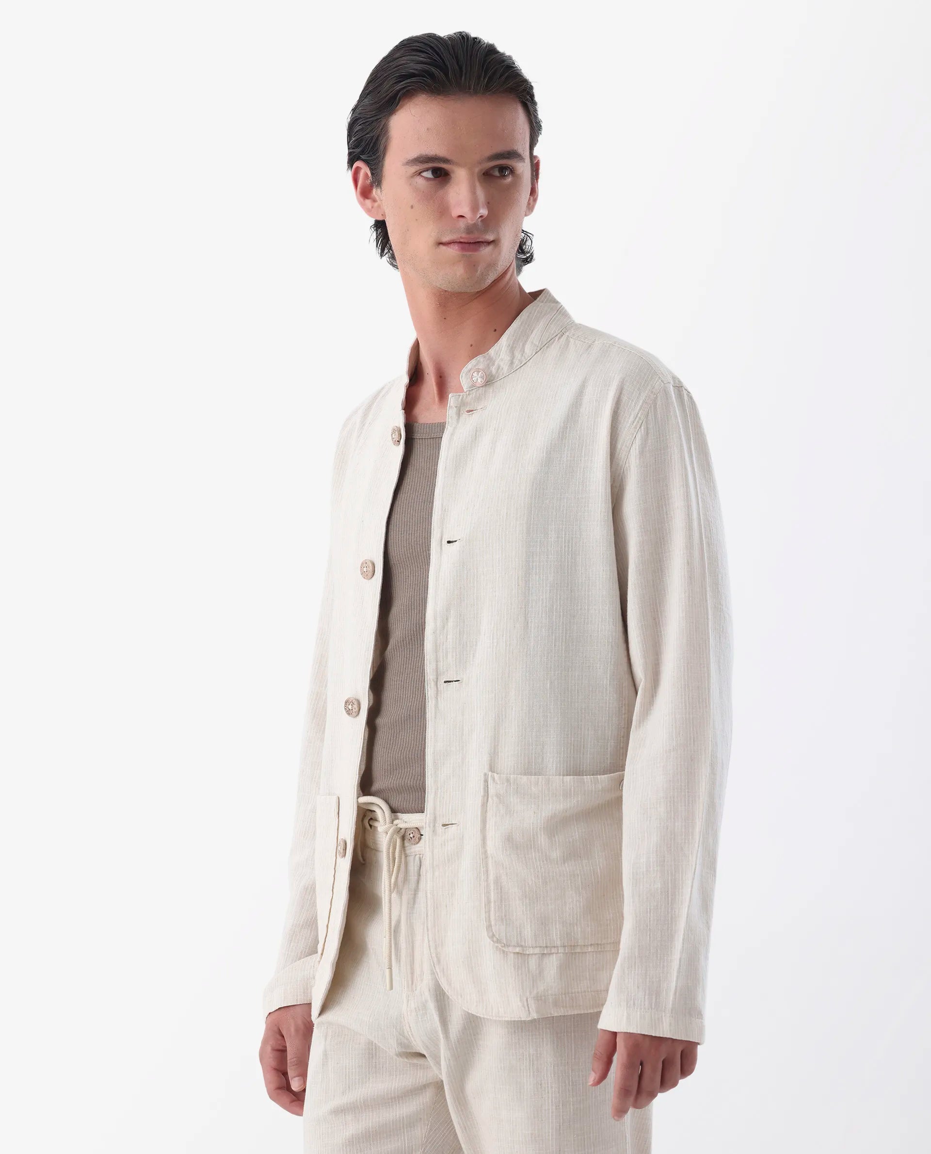 Rare Rabbit Men's Trex Beige Linen Blend Striped Print Regular Fit Full Sleeve Mandarin Collar Jacket