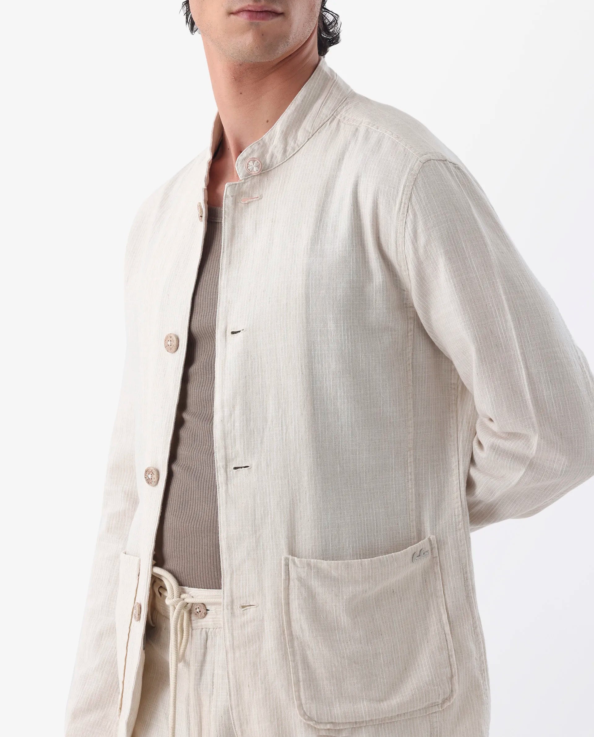 Rare Rabbit Men's Trex Beige Linen Blend Striped Print Regular Fit Full Sleeve Mandarin Collar Jacket