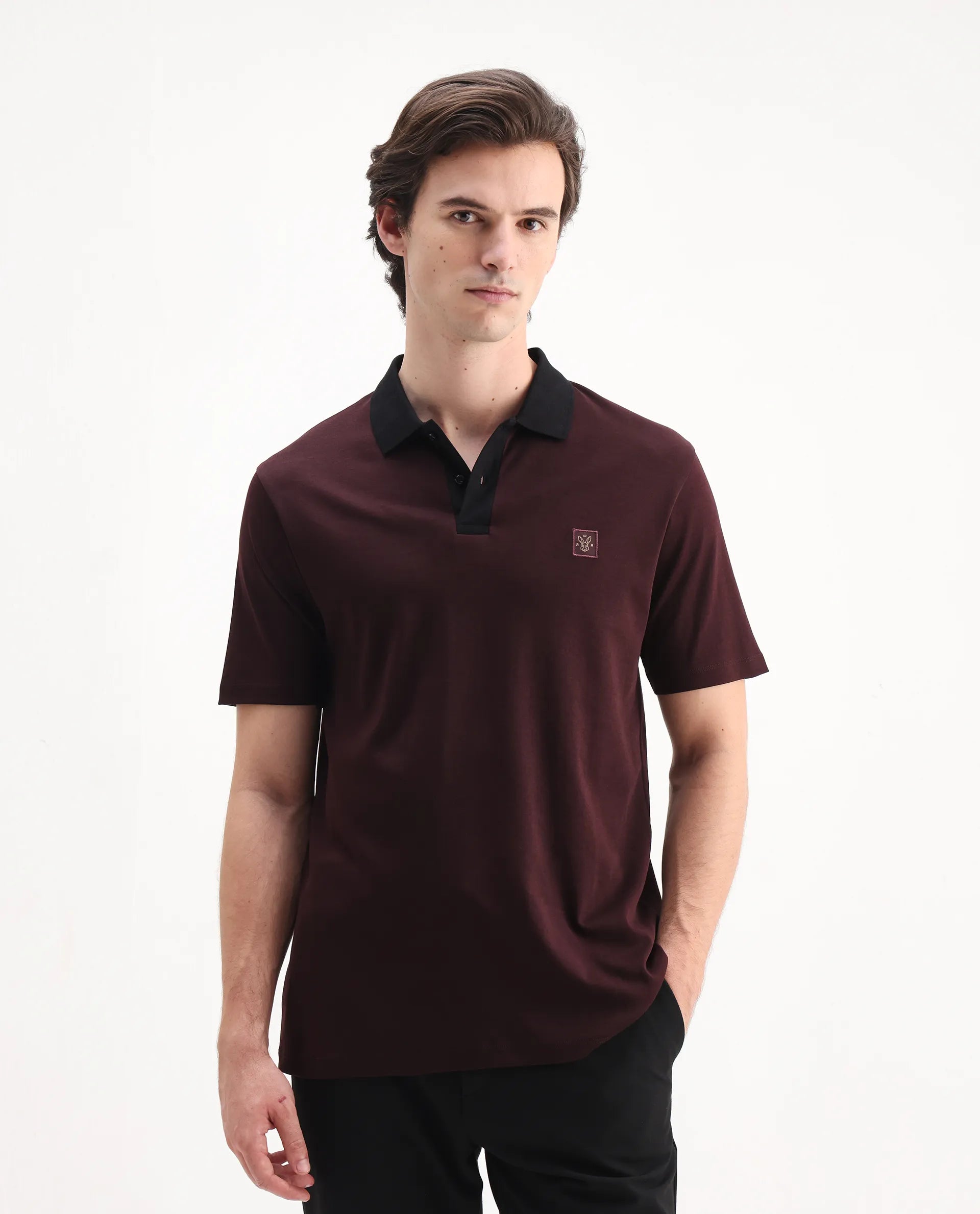 Rare Rabbit Men's Trex Maroon Cotton Plain Regular Fit Half Sleeve Polo