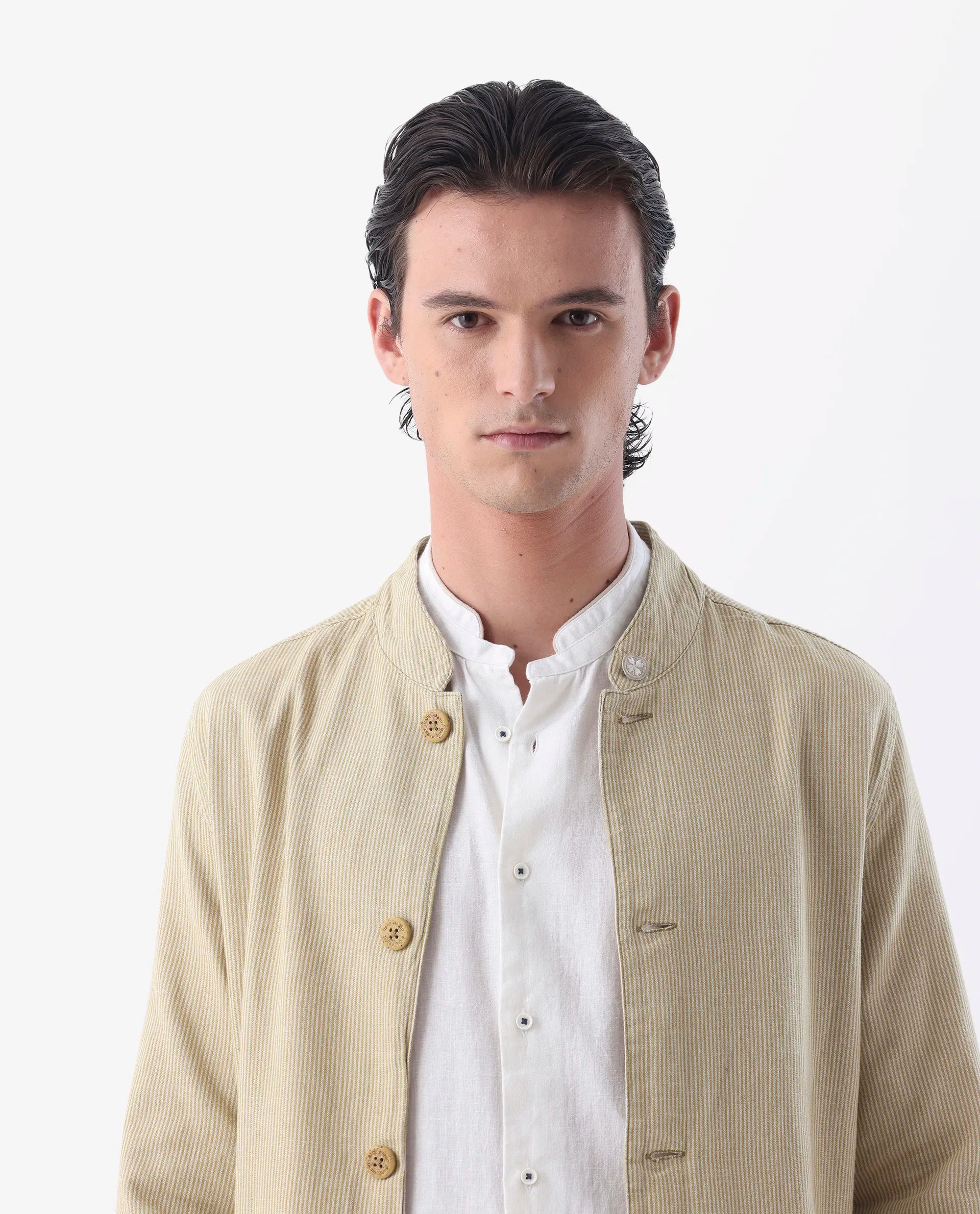 Rare Rabbit Men's Trex Mustard Linen Blend Striped Print Regular Fit Full Sleeve Mandarin Collar Jacket