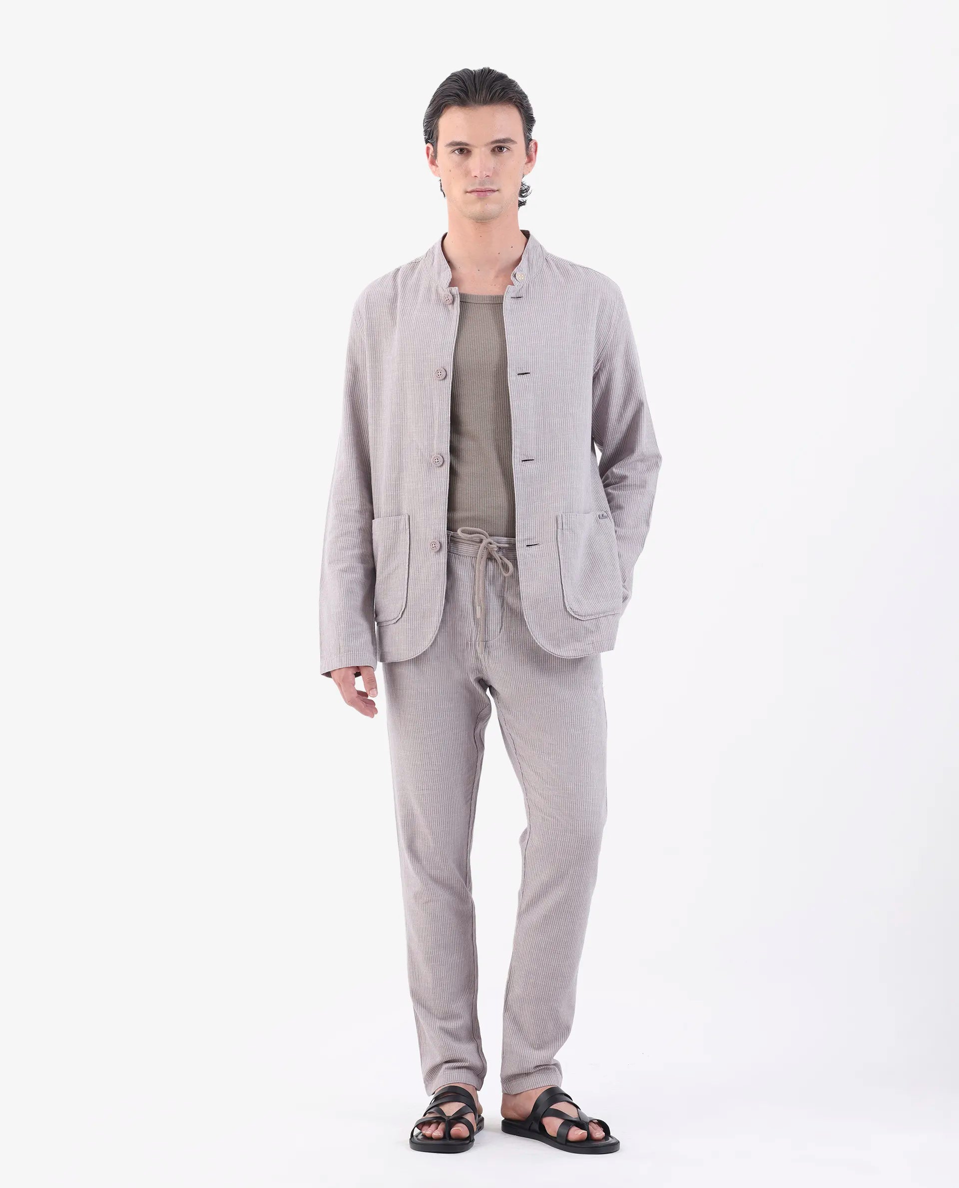 Rare Rabbit Men's Trex Pink Linen Blend Striped Print Regular Fit Full Sleeve Mandarin Collar Jacket