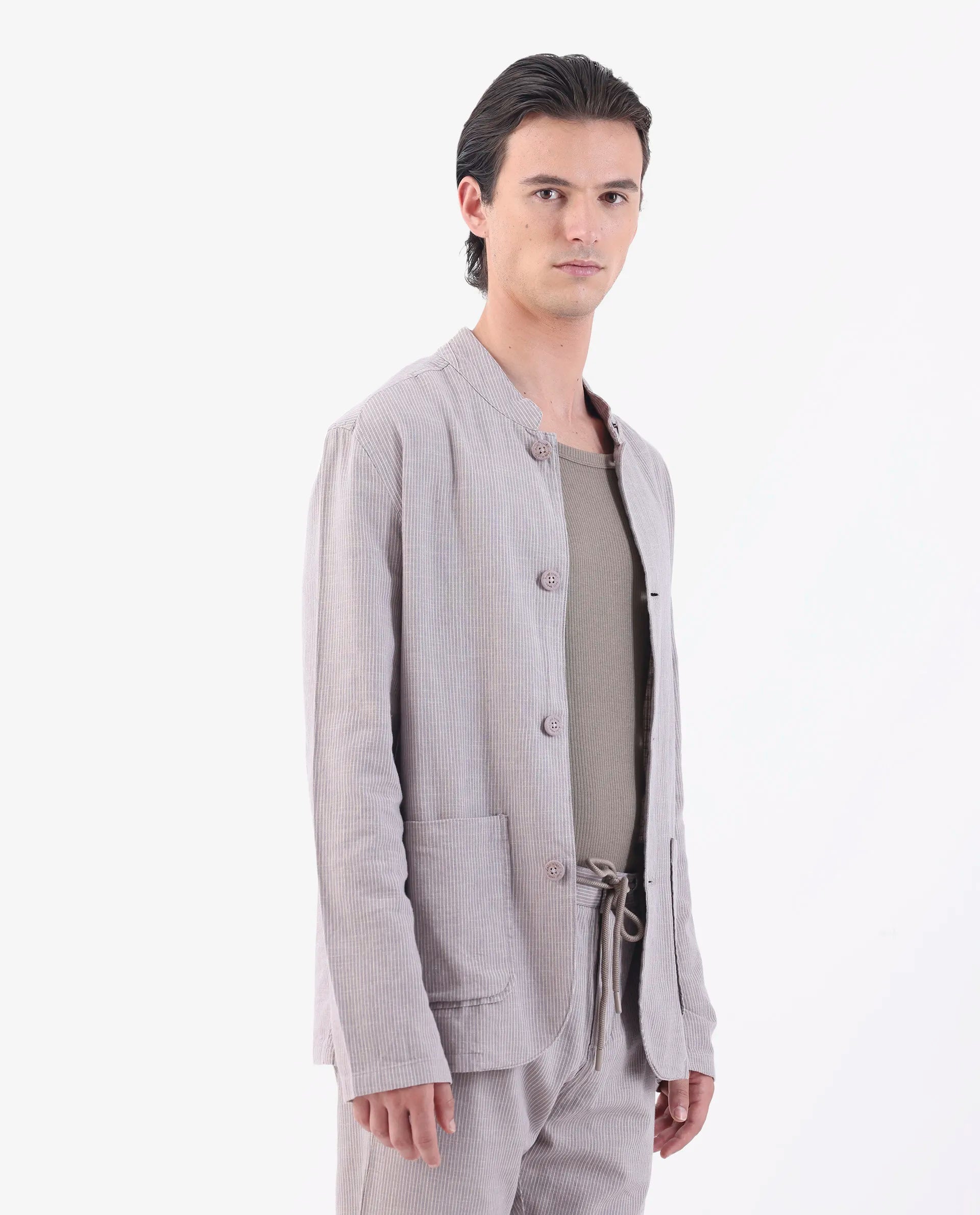 Rare Rabbit Men's Trex Pink Linen Blend Striped Print Regular Fit Full Sleeve Mandarin Collar Jacket