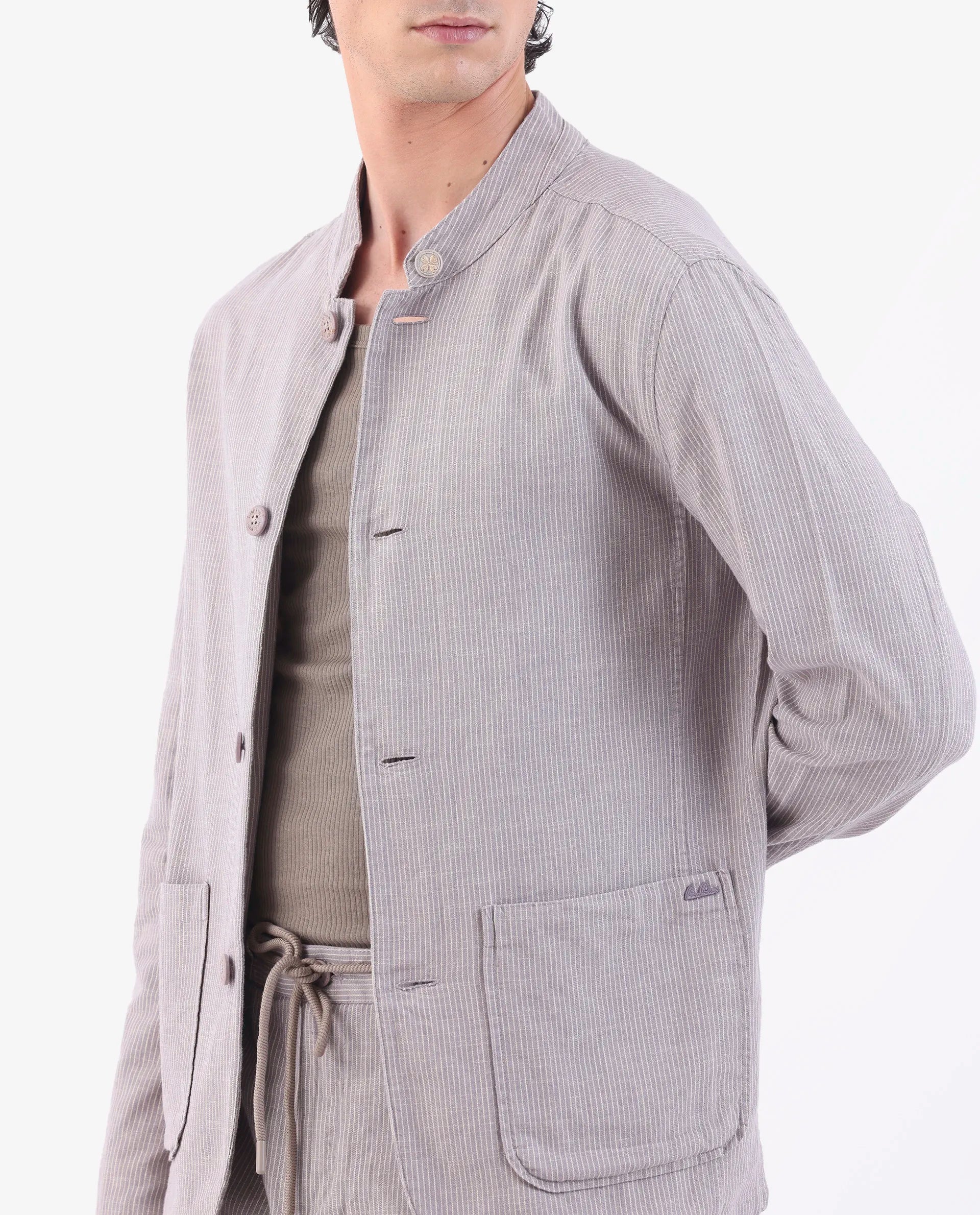 Rare Rabbit Men's Trex Pink Linen Blend Striped Print Regular Fit Full Sleeve Mandarin Collar Jacket