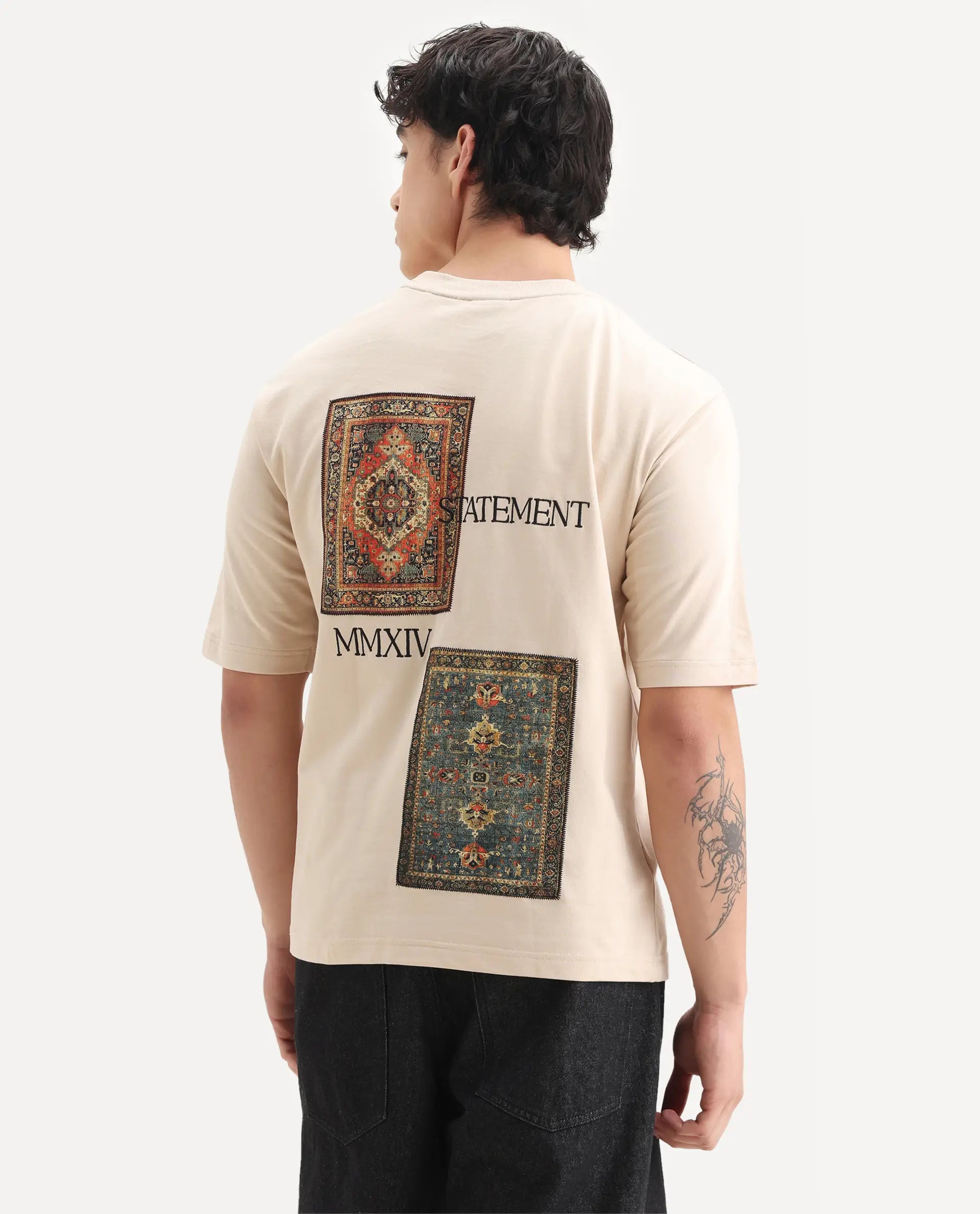 Rare Rabbit Men's Trez Beige Cotton Embroidered Oversized Fit Half Sleeve Crew Neck T-Shirt