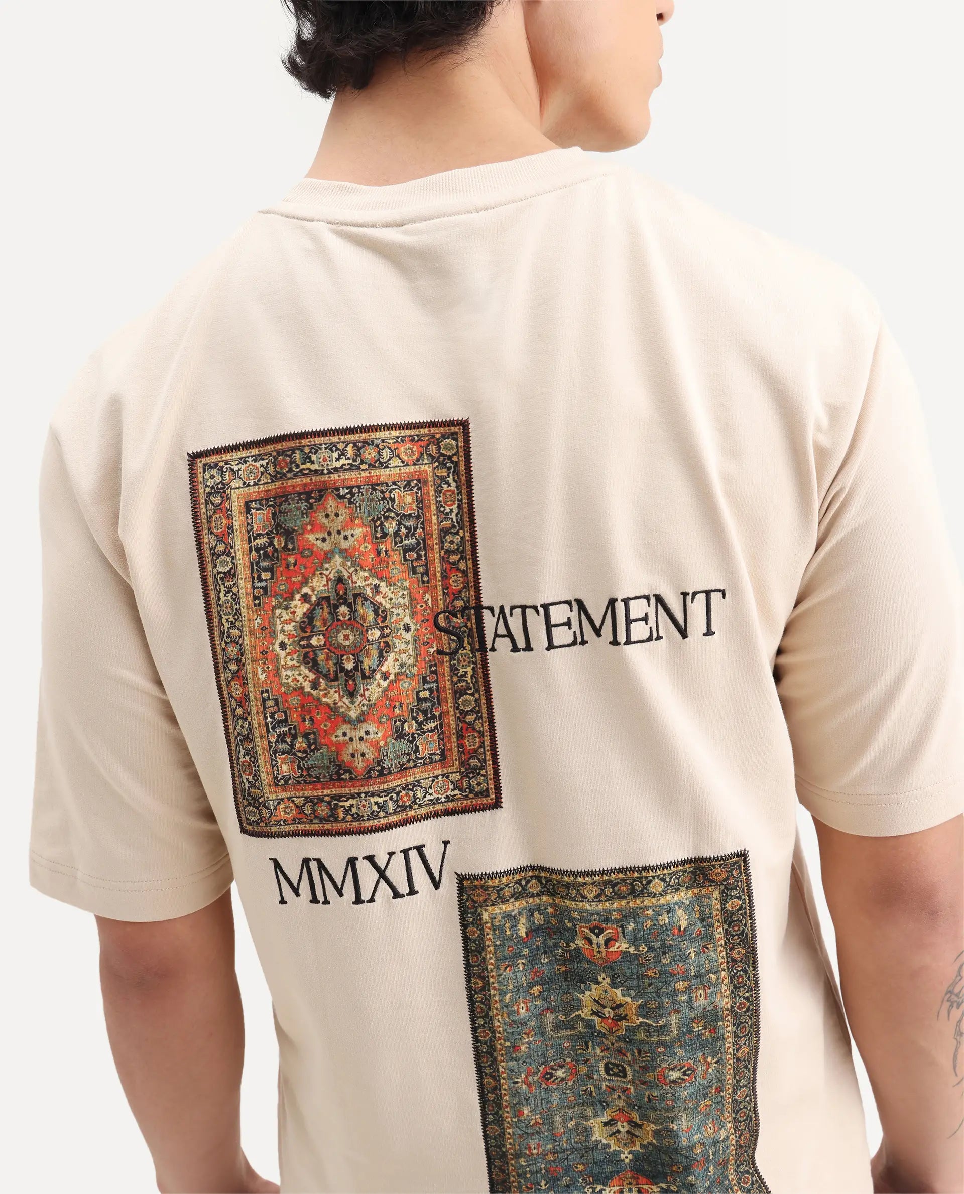 Rare Rabbit Men's Trez Beige Cotton Embroidered Oversized Fit Half Sleeve Crew Neck T-Shirt