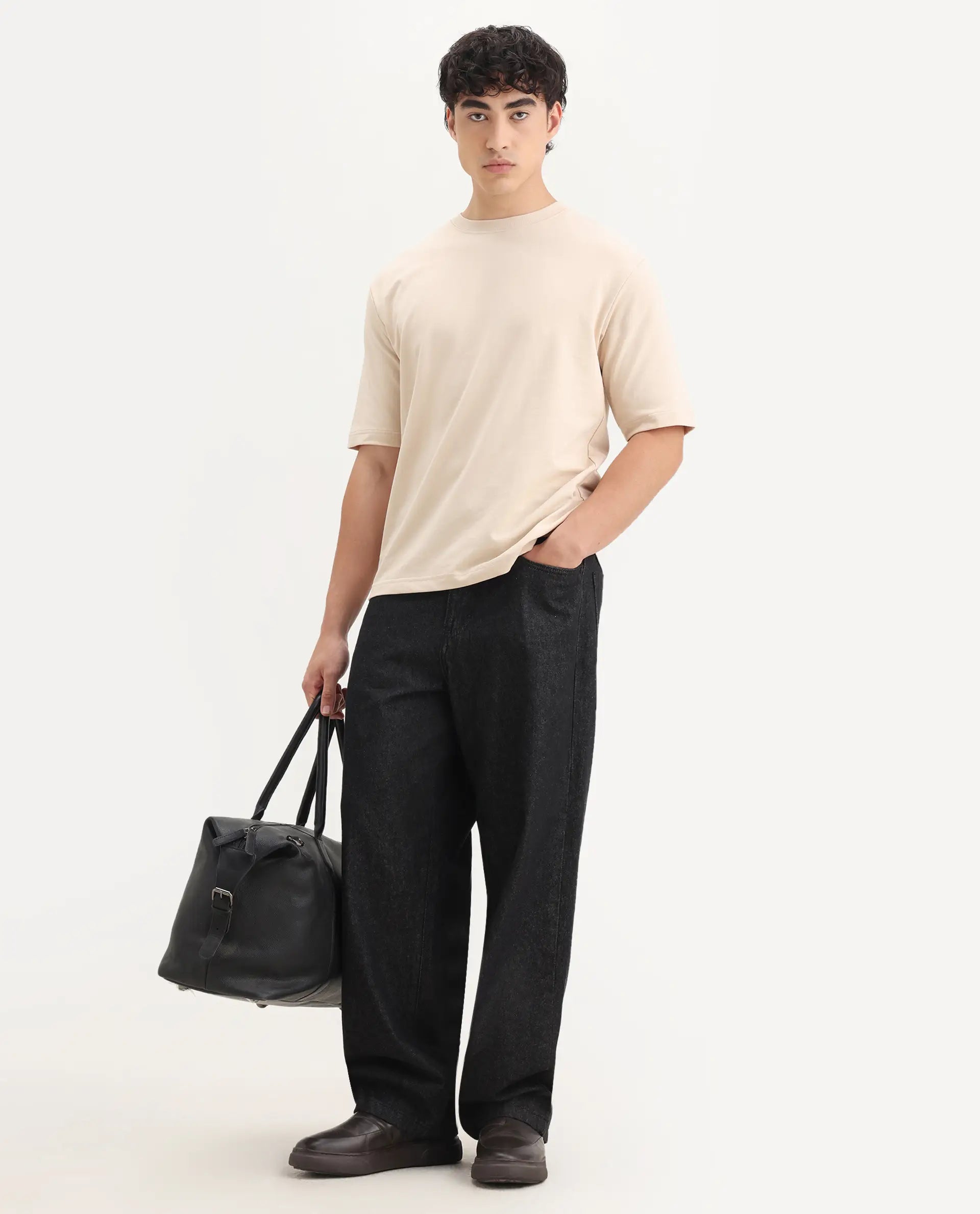 Rare Rabbit Men's Trez Beige Cotton Embroidered Oversized Fit Half Sleeve Crew Neck T-Shirt