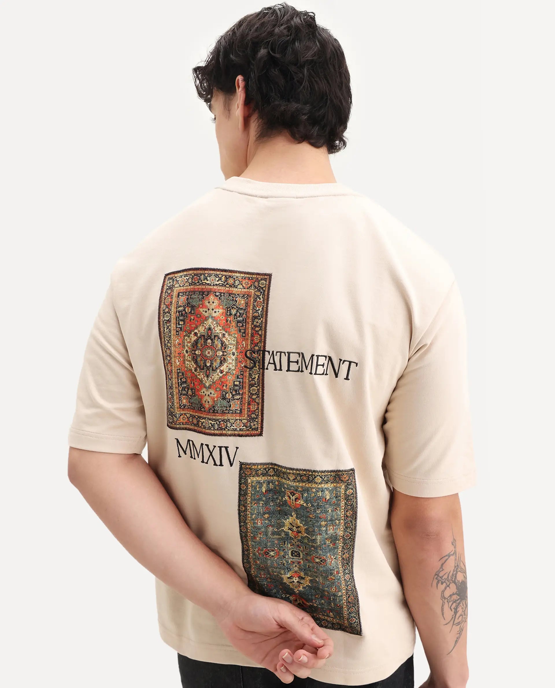 Rare Rabbit Men's Trez Beige Cotton Embroidered Oversized Fit Half Sleeve Crew Neck T-Shirt