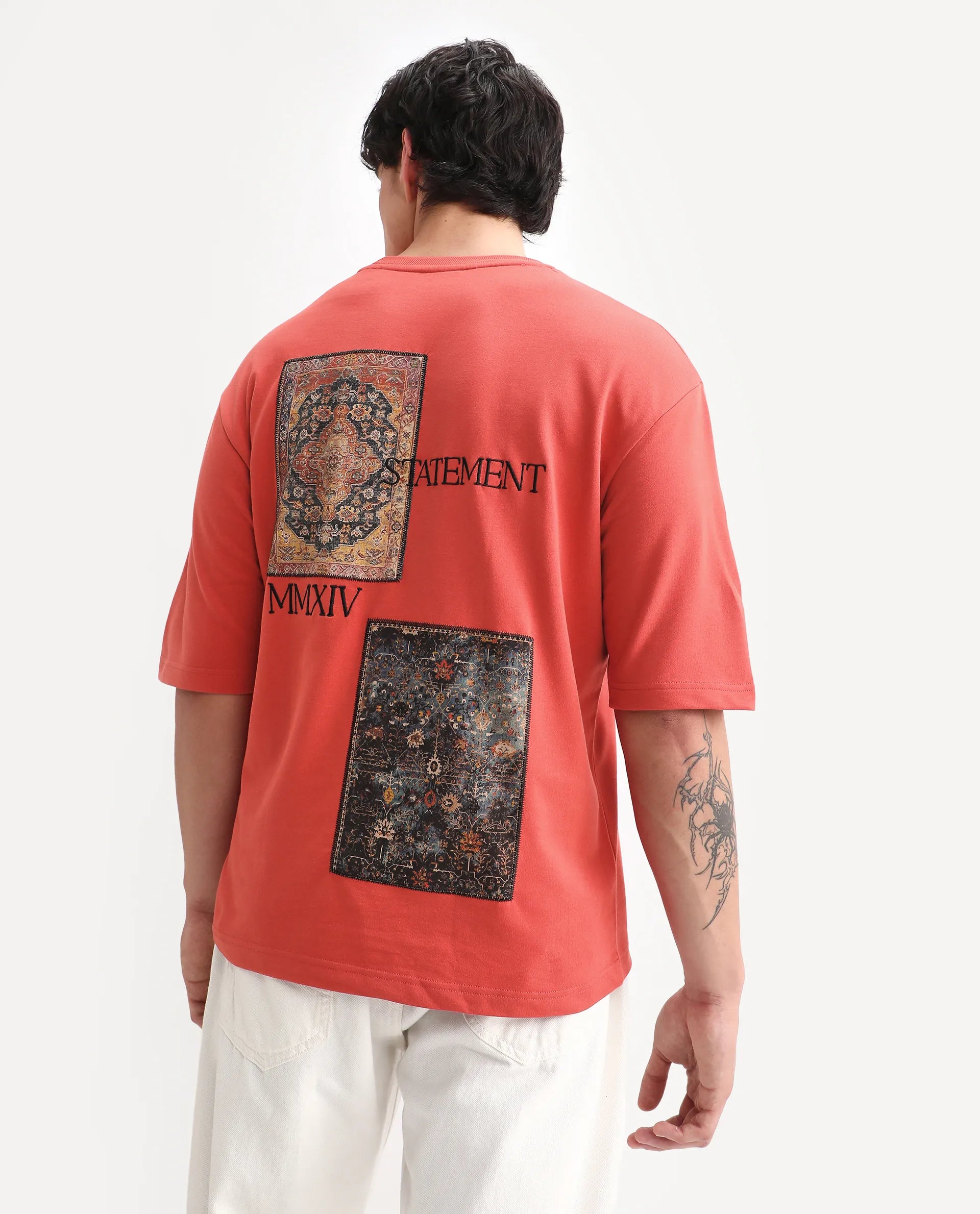 Rare Rabbit Men's Trez Dusky Red Cotton Embroidered Oversized Fit Half Sleeve Crew Neck T-Shirt
