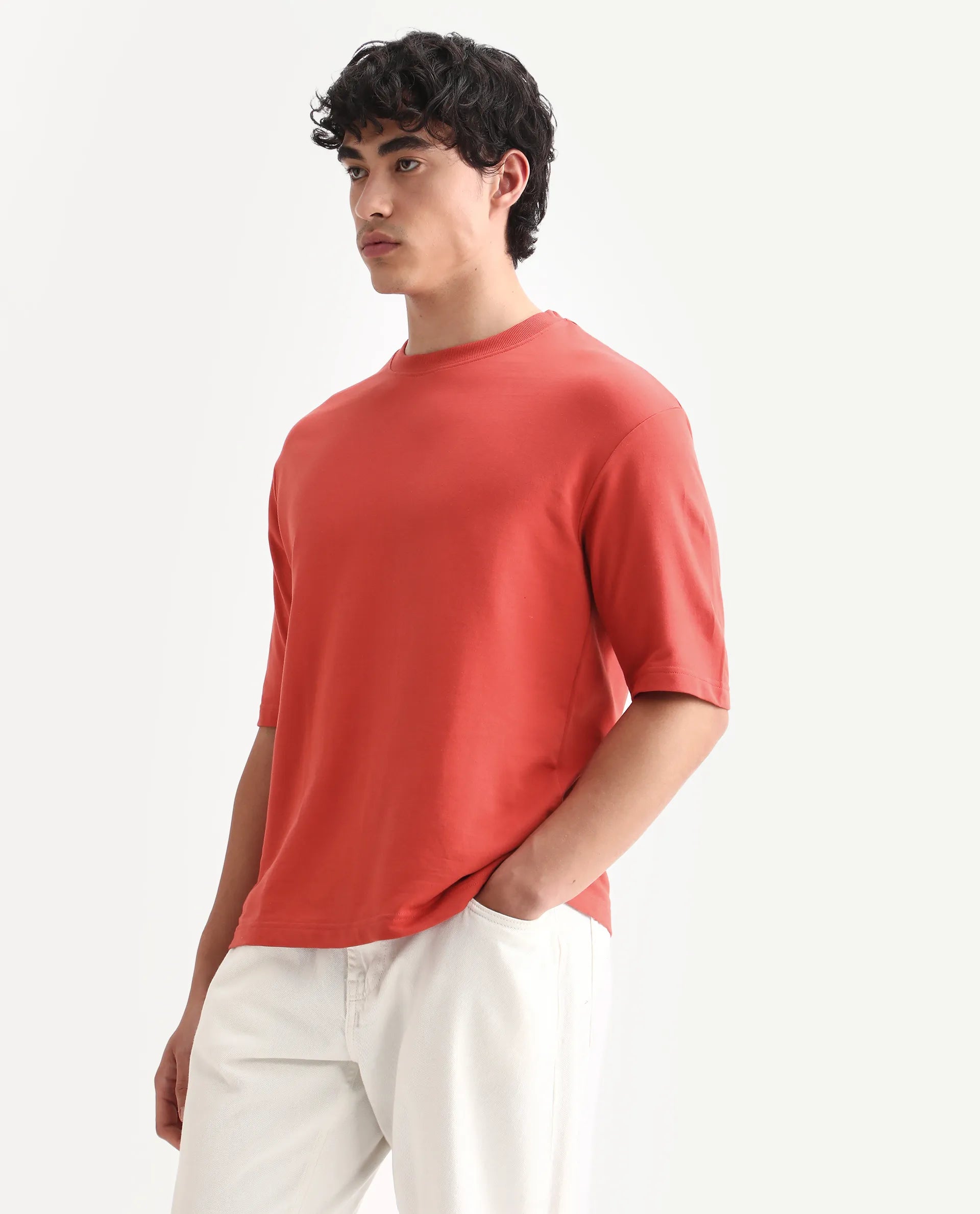 Rare Rabbit Men's Trez Dusky Red Cotton Embroidered Oversized Fit Half Sleeve Crew Neck T-Shirt