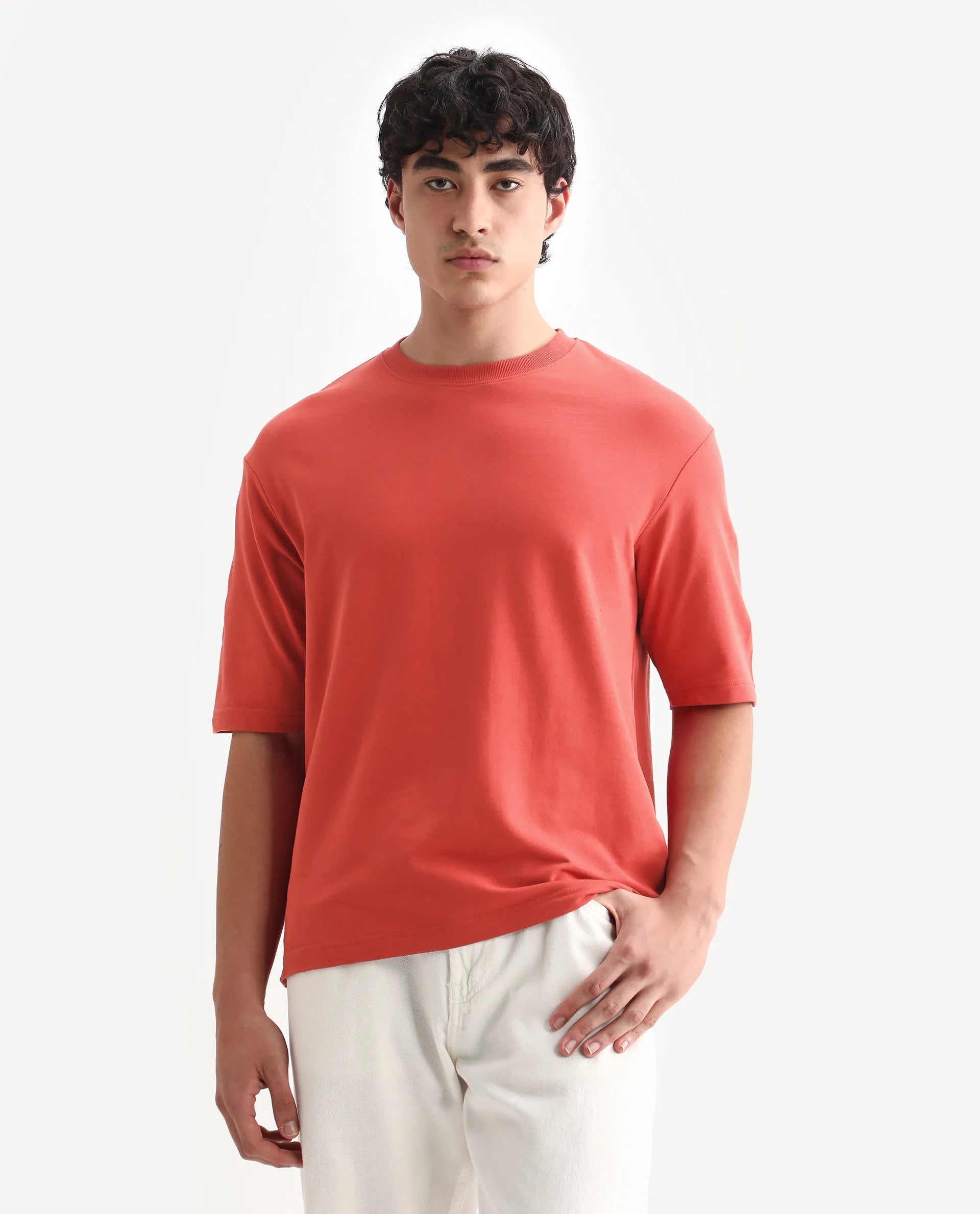 Rare Rabbit Men's Trez Dusky Red Cotton Embroidered Oversized Fit Half Sleeve Crew Neck T-Shirt