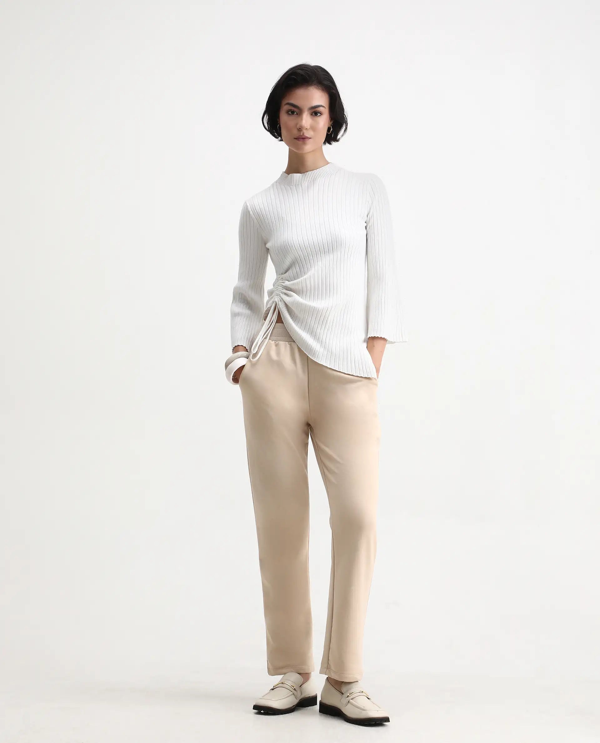 Rareism Women's Tribon Beige Cotton Blend Straight Fit Track Pant