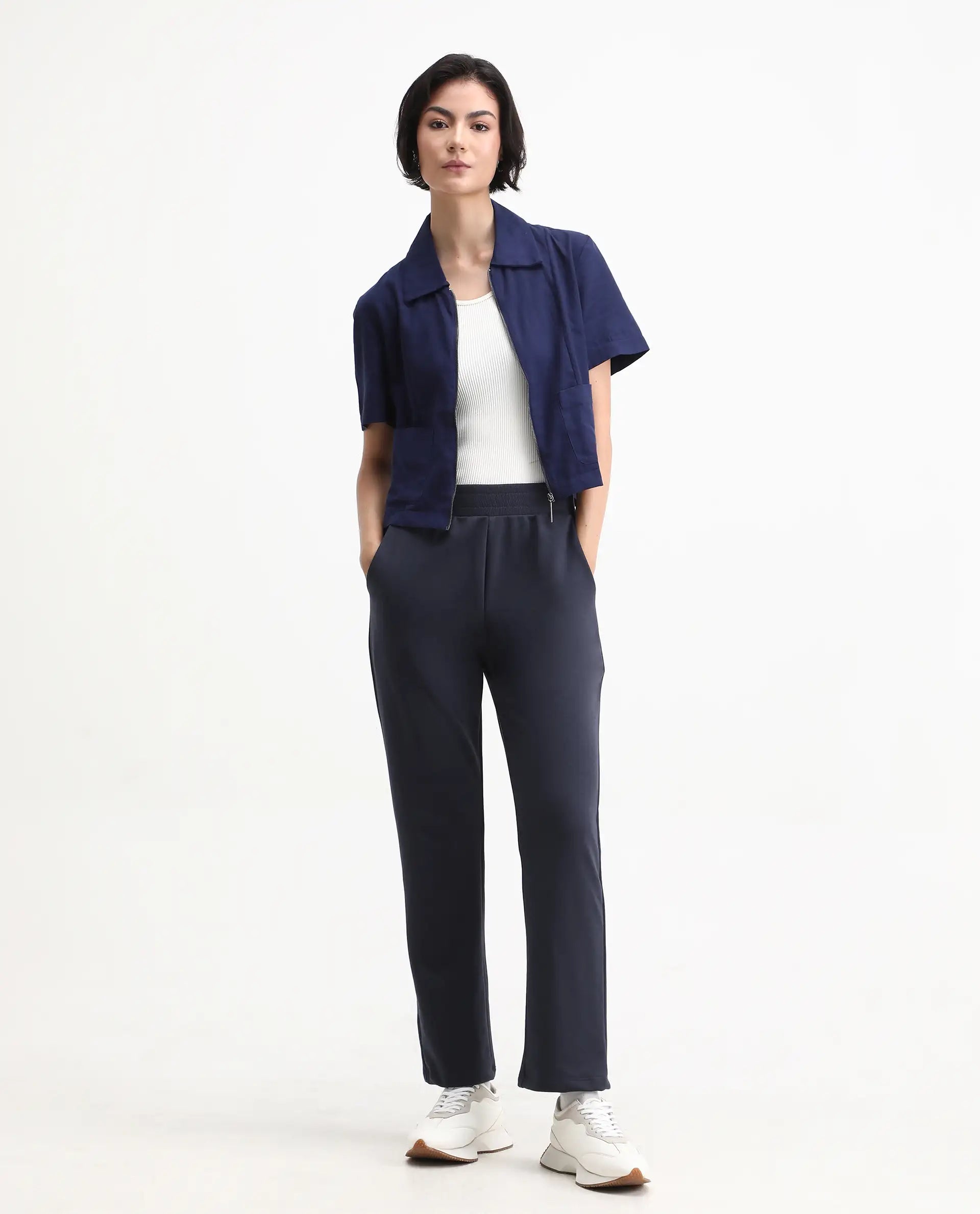 Rareism Women's Tribon Navy Cotton Blend Straight Fit Track Pant