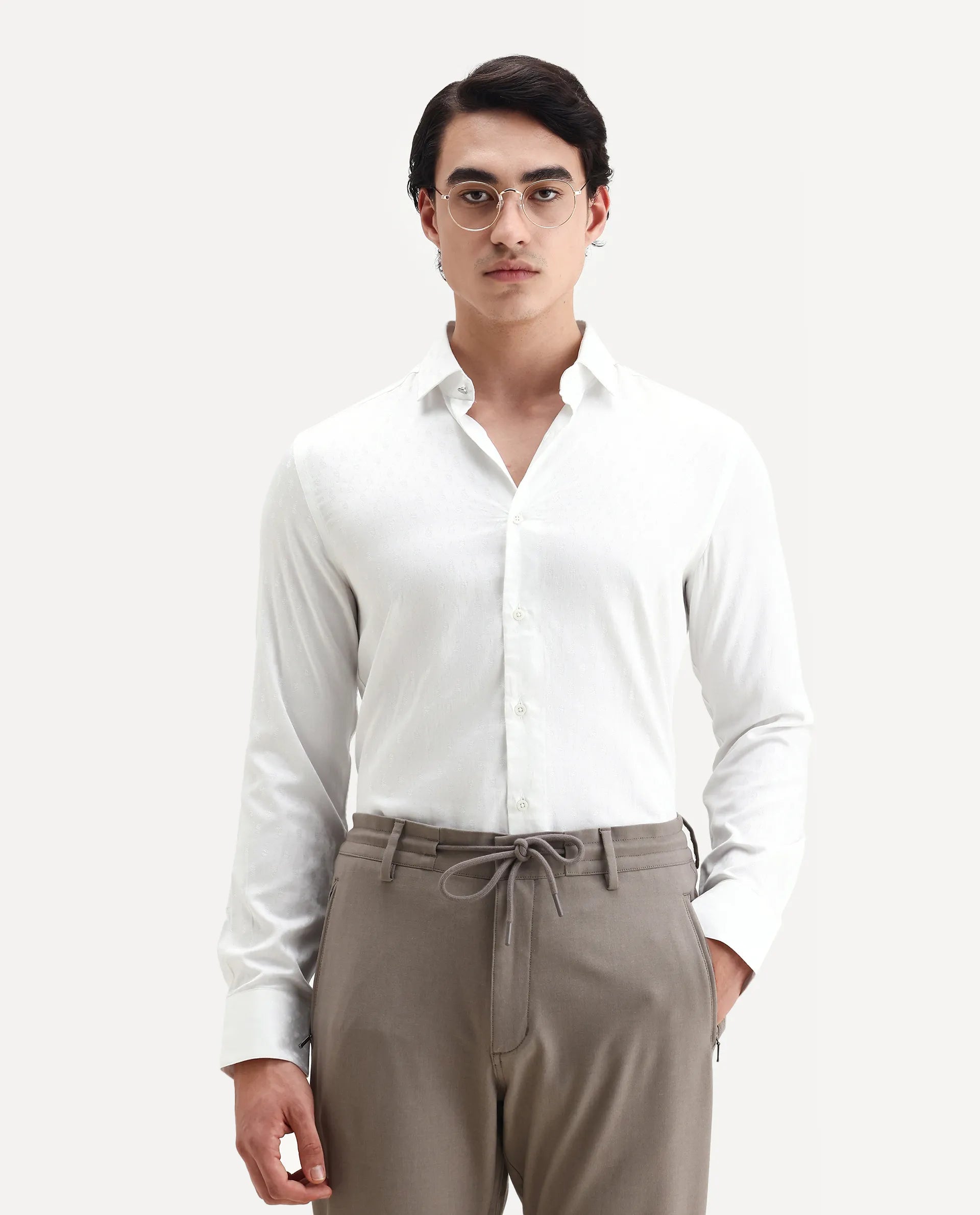 Rare Rabbit Men's Trica White Cotton Plain Regular Fit Full Sleeve Collared Shirt