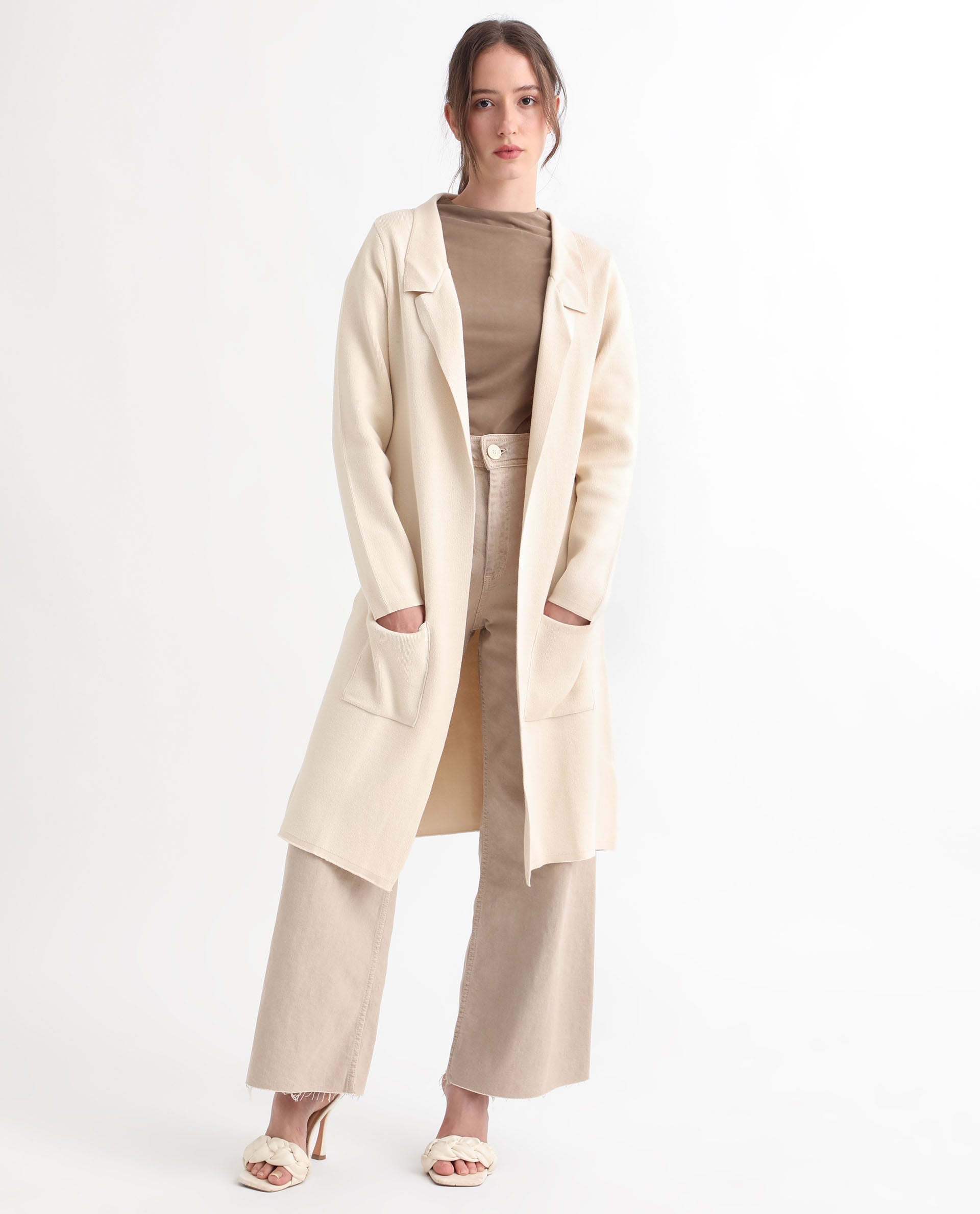 Rareism Women Trident Beige Cotton Fabric Full Sleeves Knee Length Regular Fit Solid Lapel Neck Sweater