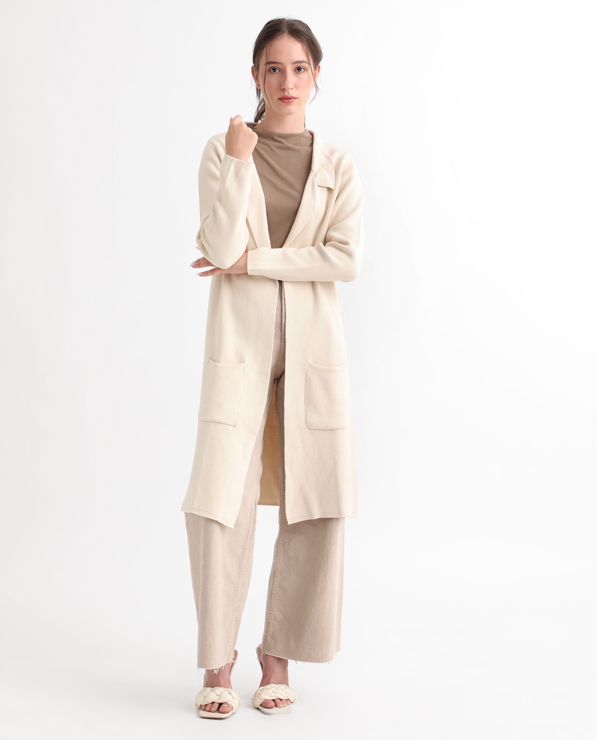 Rareism Women Trident Beige Cotton Fabric Full Sleeves Knee Length Regular Fit Solid Lapel Neck Sweater