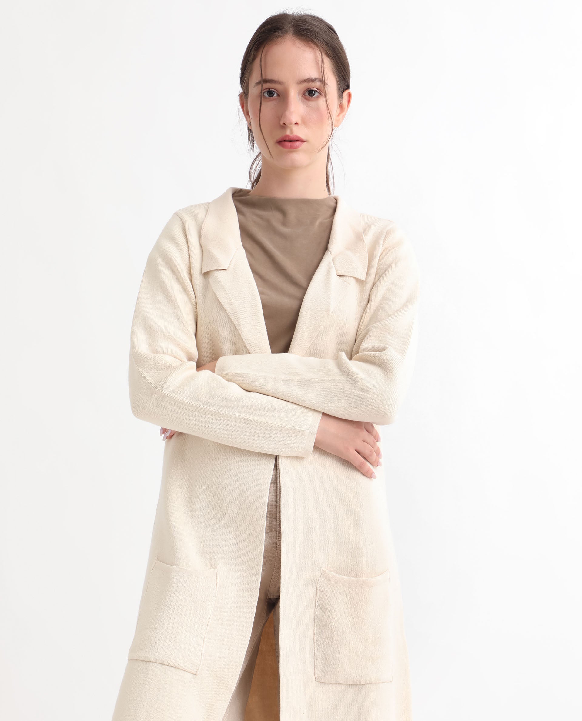 Rareism Women Trident Beige Cotton Fabric Full Sleeves Knee Length Regular Fit Solid Lapel Neck Sweater