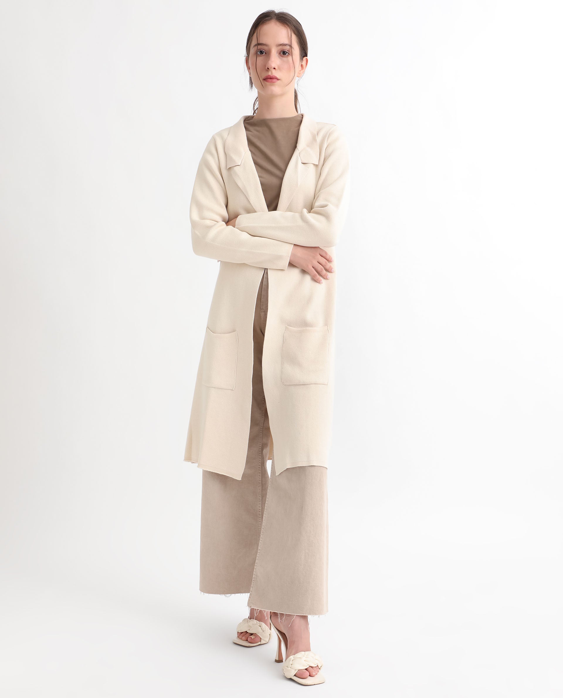 Rareism Women Trident Beige Cotton Fabric Full Sleeves Knee Length Regular Fit Solid Lapel Neck Sweater