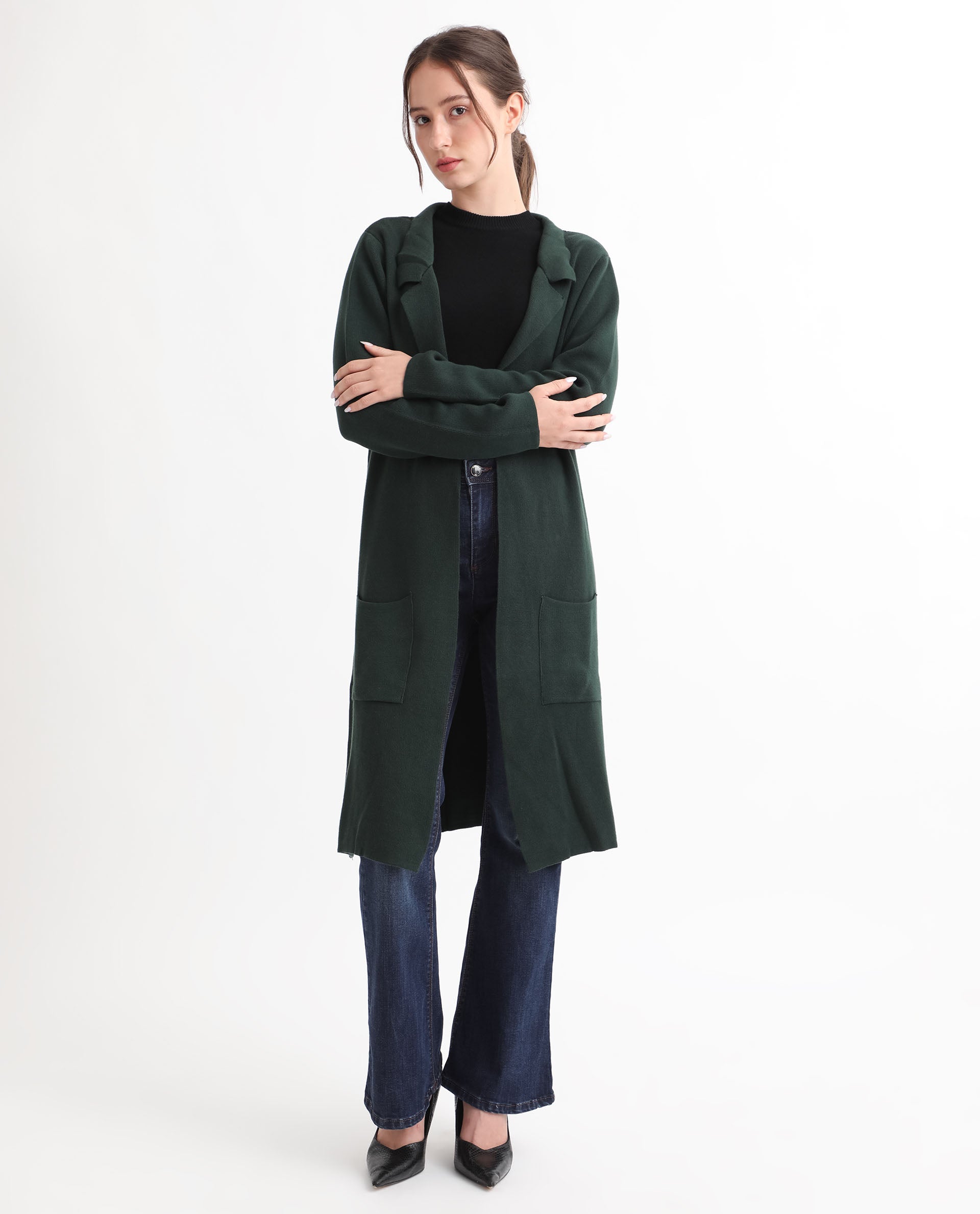 Rareism Women Trident Green Cotton Fabric Full Sleeves Knee Length Regular Fit Solid Lapel Neck Sweater