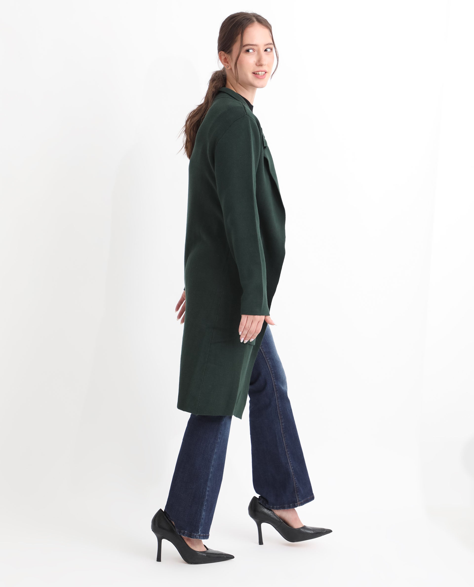 Rareism Women Trident Green Cotton Fabric Full Sleeves Knee Length Regular Fit Solid Lapel Neck Sweater