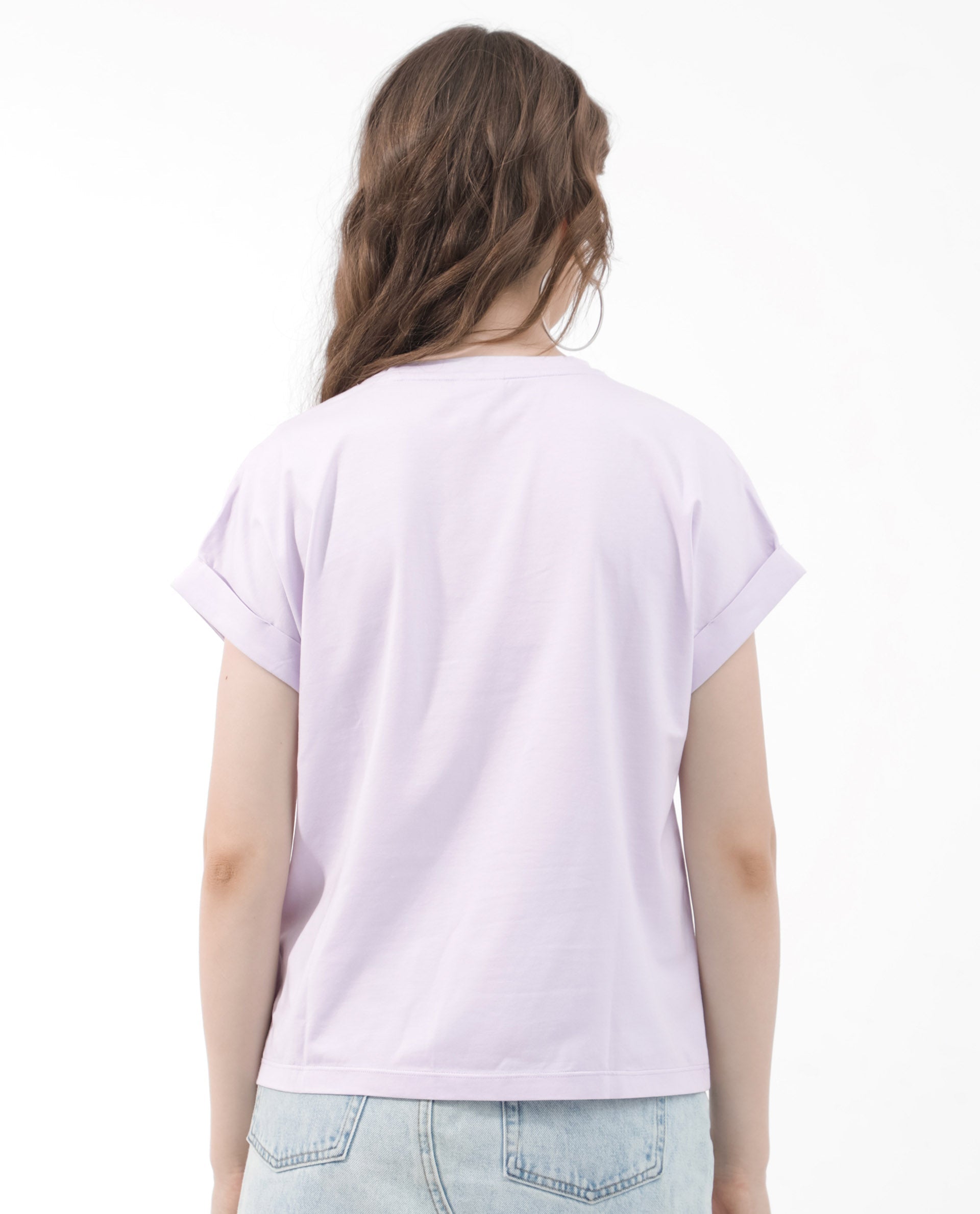 Rareism Women Trident Pastel Purple Cotton Elastane Fabric Crew Neck Knit Solid T-Shirt