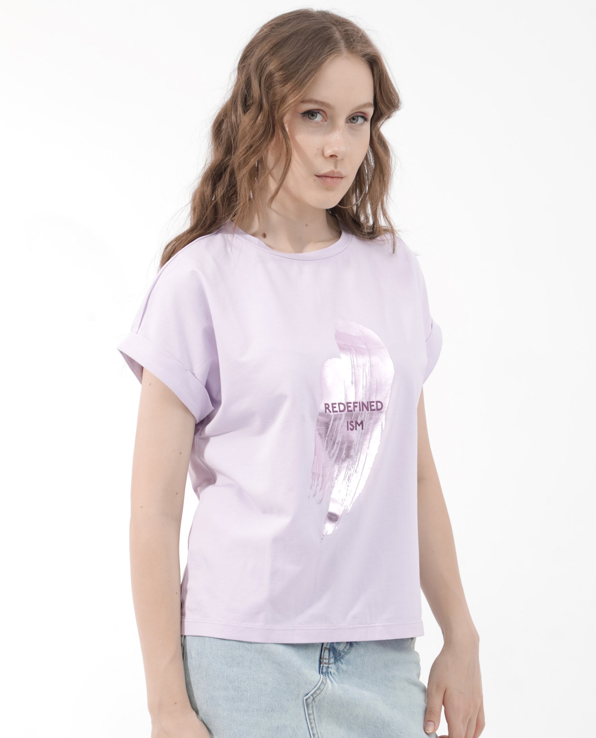 Rareism Women Trident Pastel Purple Cotton Elastane Fabric Crew Neck Knit Solid T-Shirt