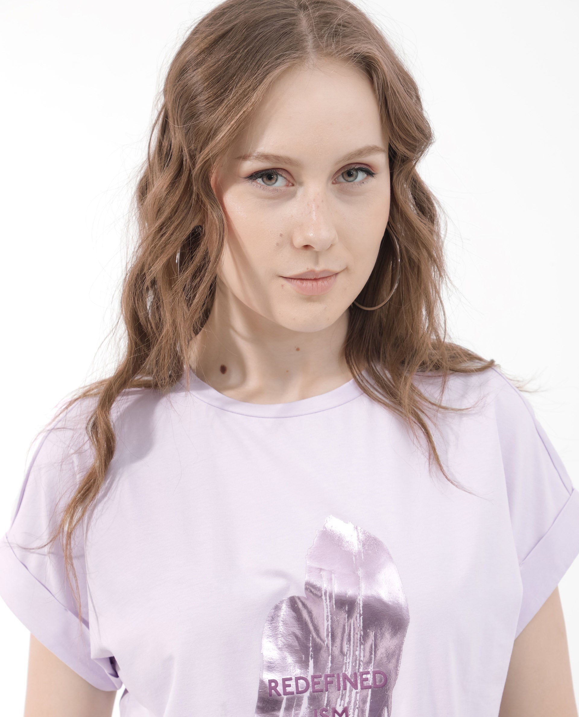 Rareism Women Trident Pastel Purple Cotton Elastane Fabric Crew Neck Knit Solid T-Shirt