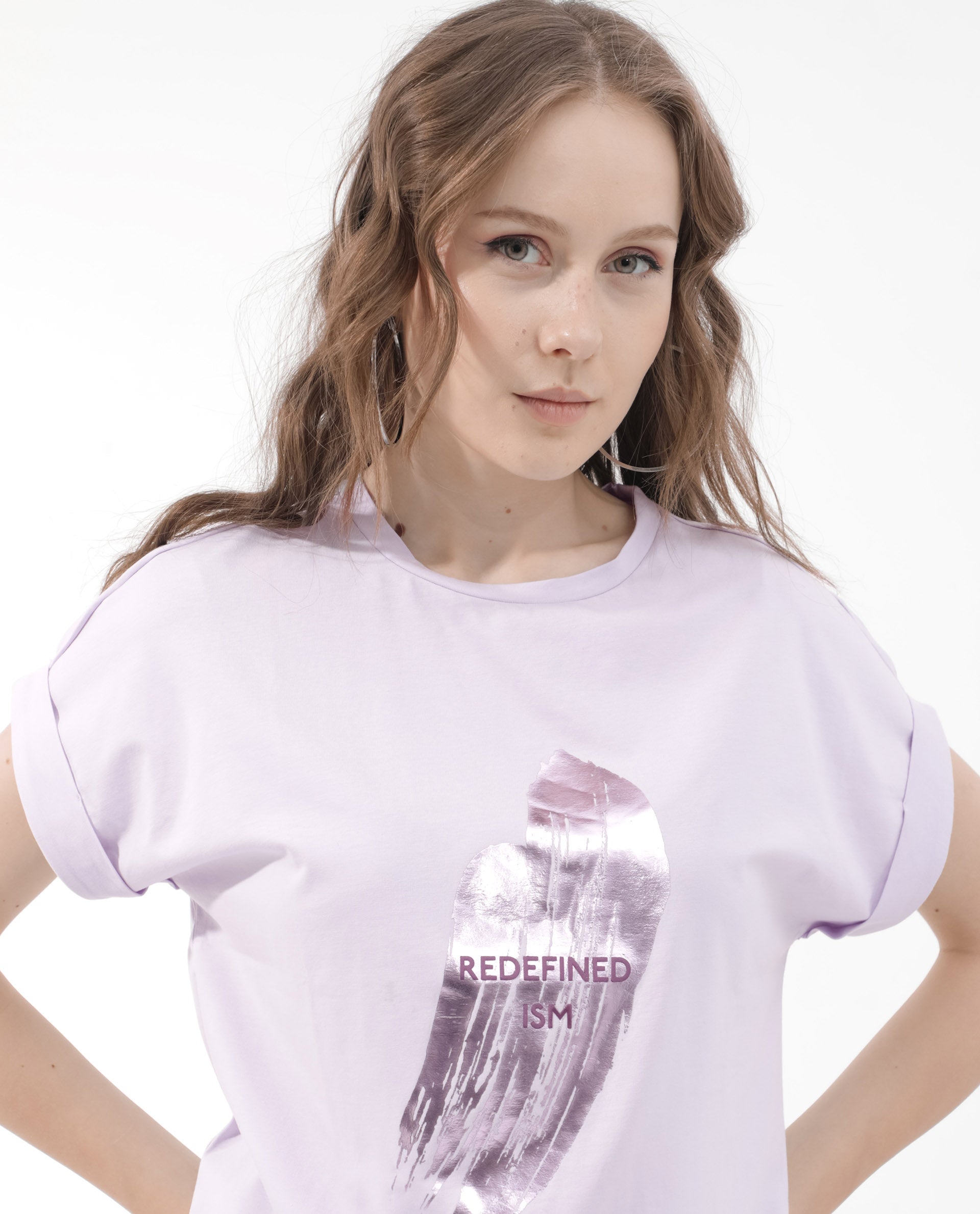 Rareism Women Trident Pastel Purple Cotton Elastane Fabric Crew Neck Knit Solid T-Shirt