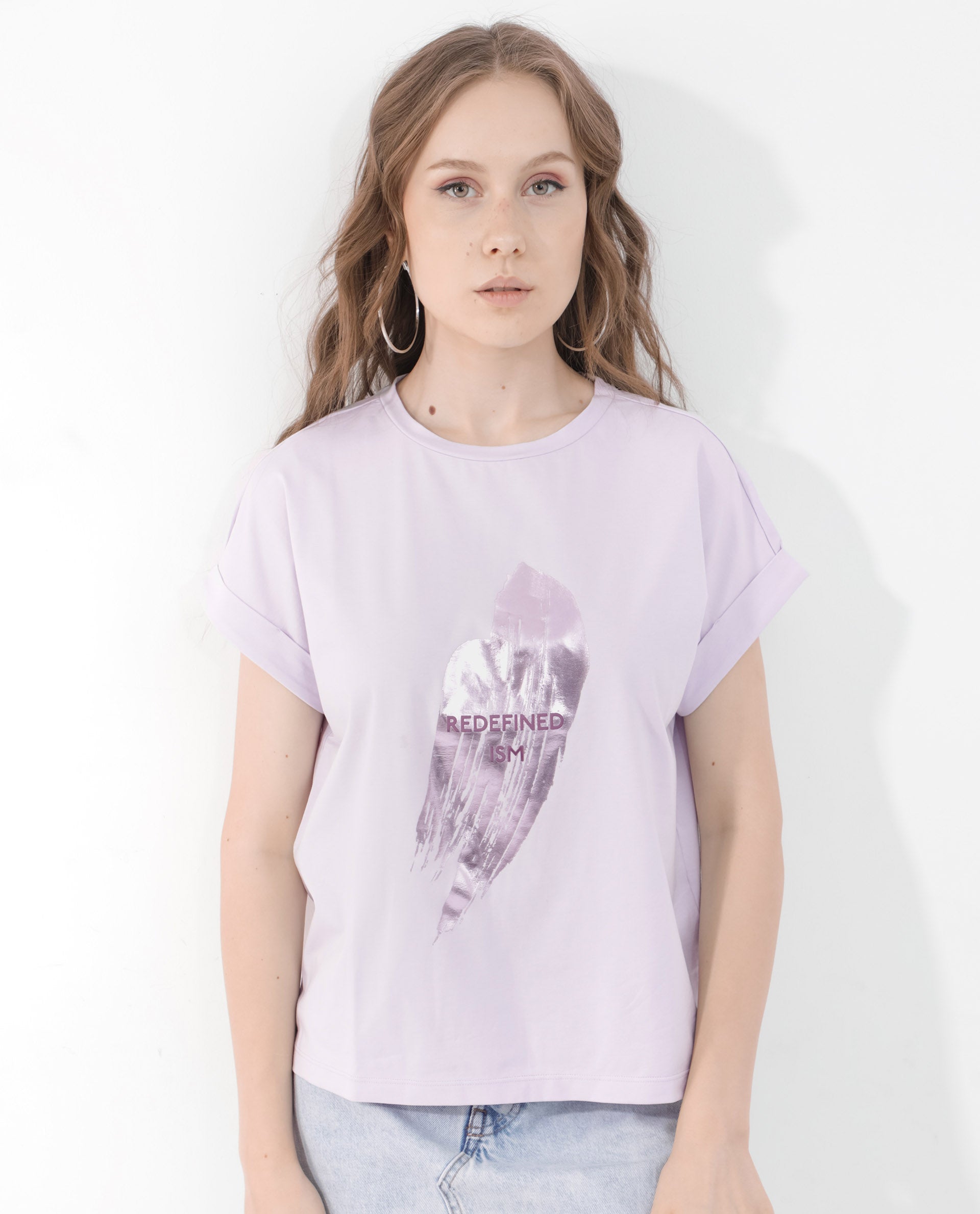 Rareism Women Trident Pastel Purple Cotton Elastane Fabric Crew Neck Knit Solid T-Shirt