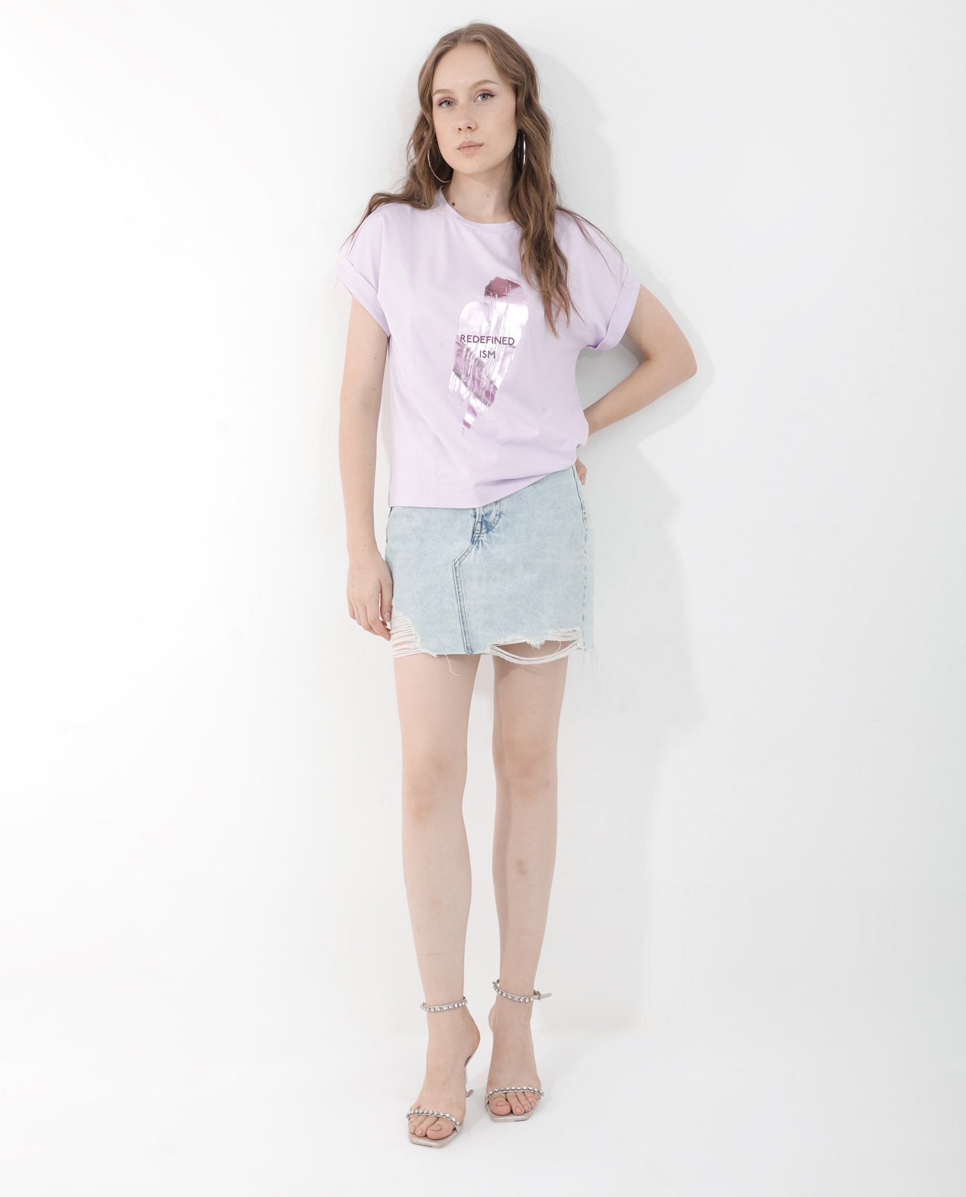 Rareism Women Trident Pastel Purple Cotton Elastane Fabric Crew Neck Knit Solid T-Shirt