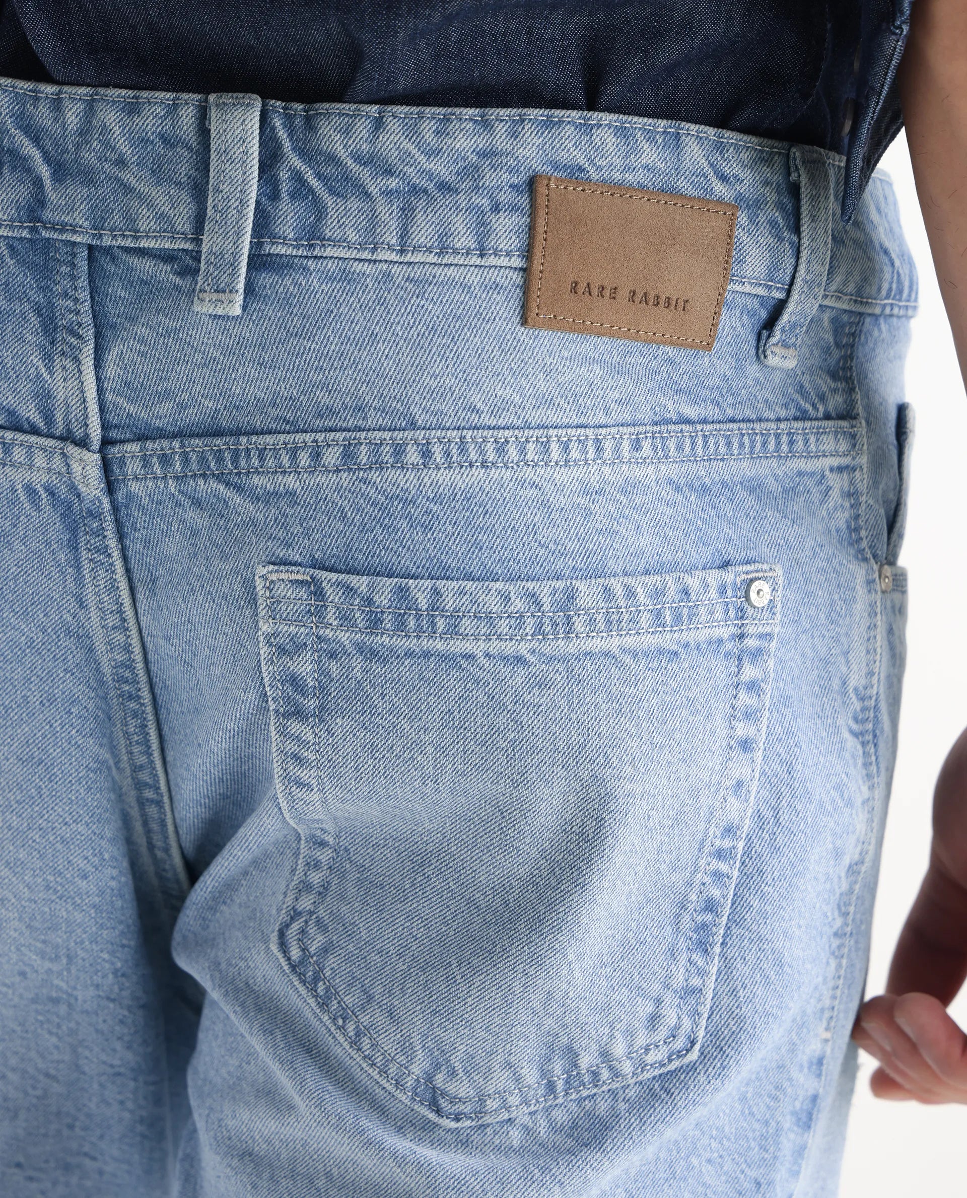 Rare Rabbit Mens Trika Light Blue Cotton Mid Wash Solid Regular Fit Jeans