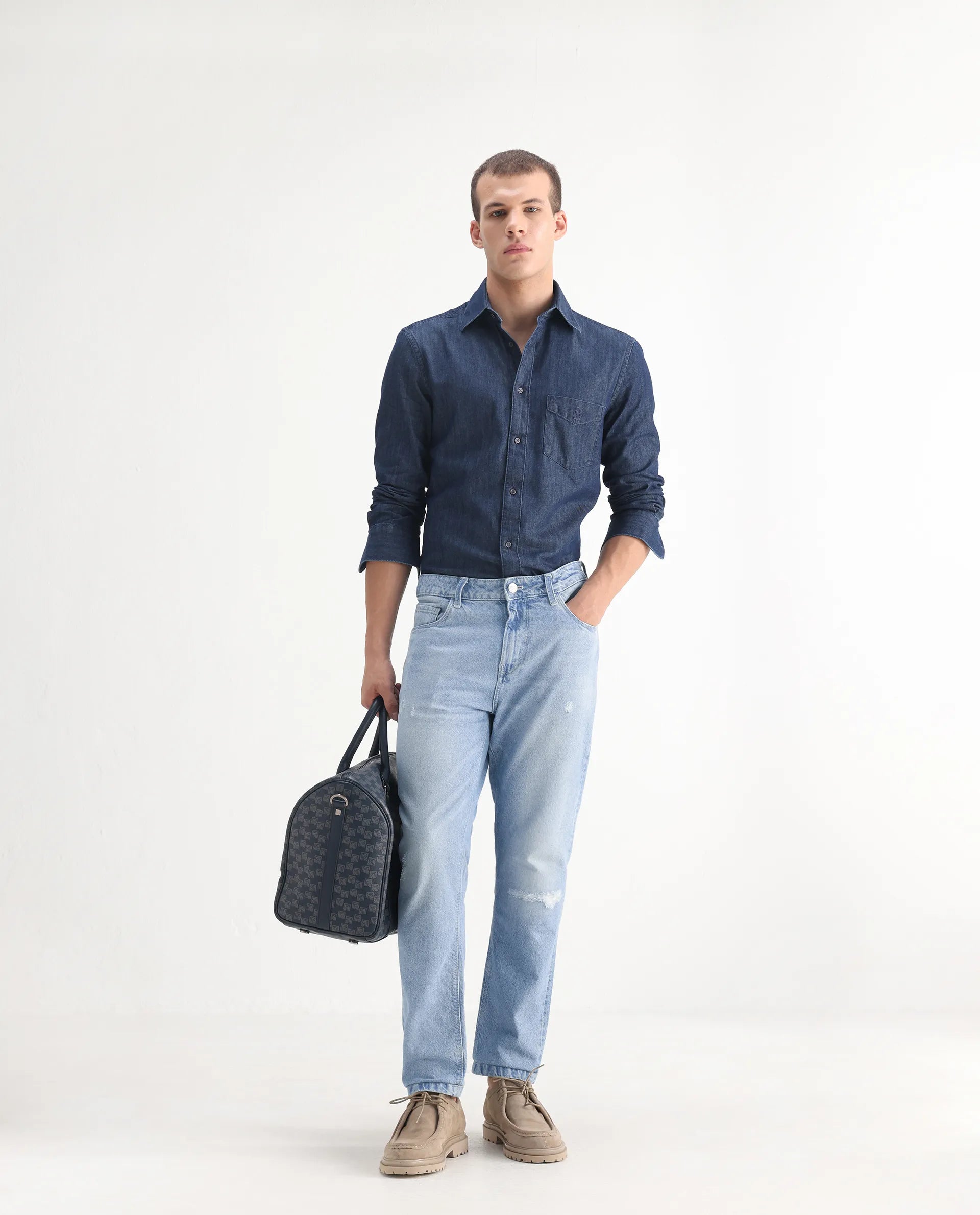 Rare Rabbit Mens Trika Light Blue Cotton Mid Wash Solid Regular Fit Jeans