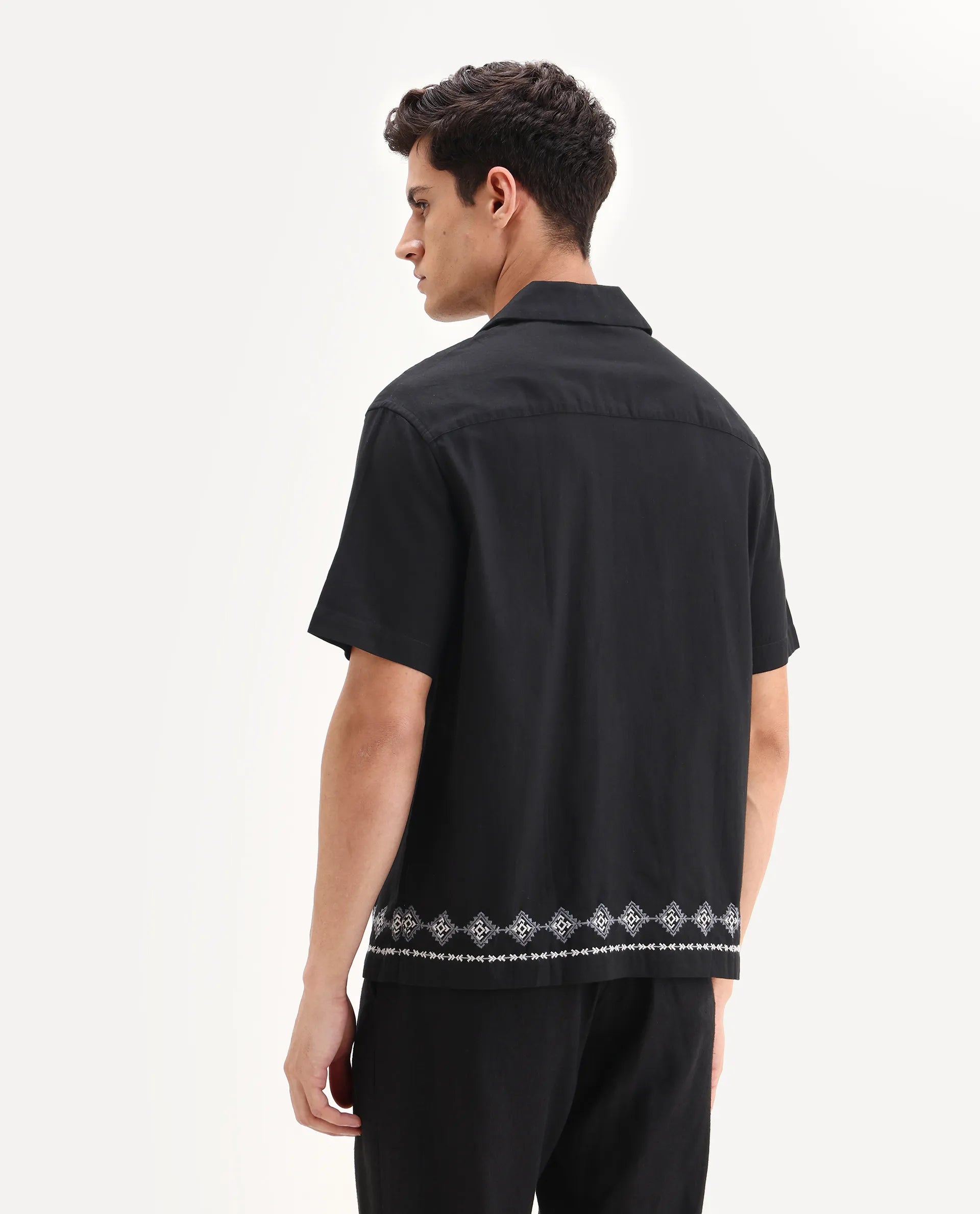 Rare Rabbit Men's Tirk Black Cotton Blend Embroidered Boxy Fit Half Sleeve Cuban Collar Shirt