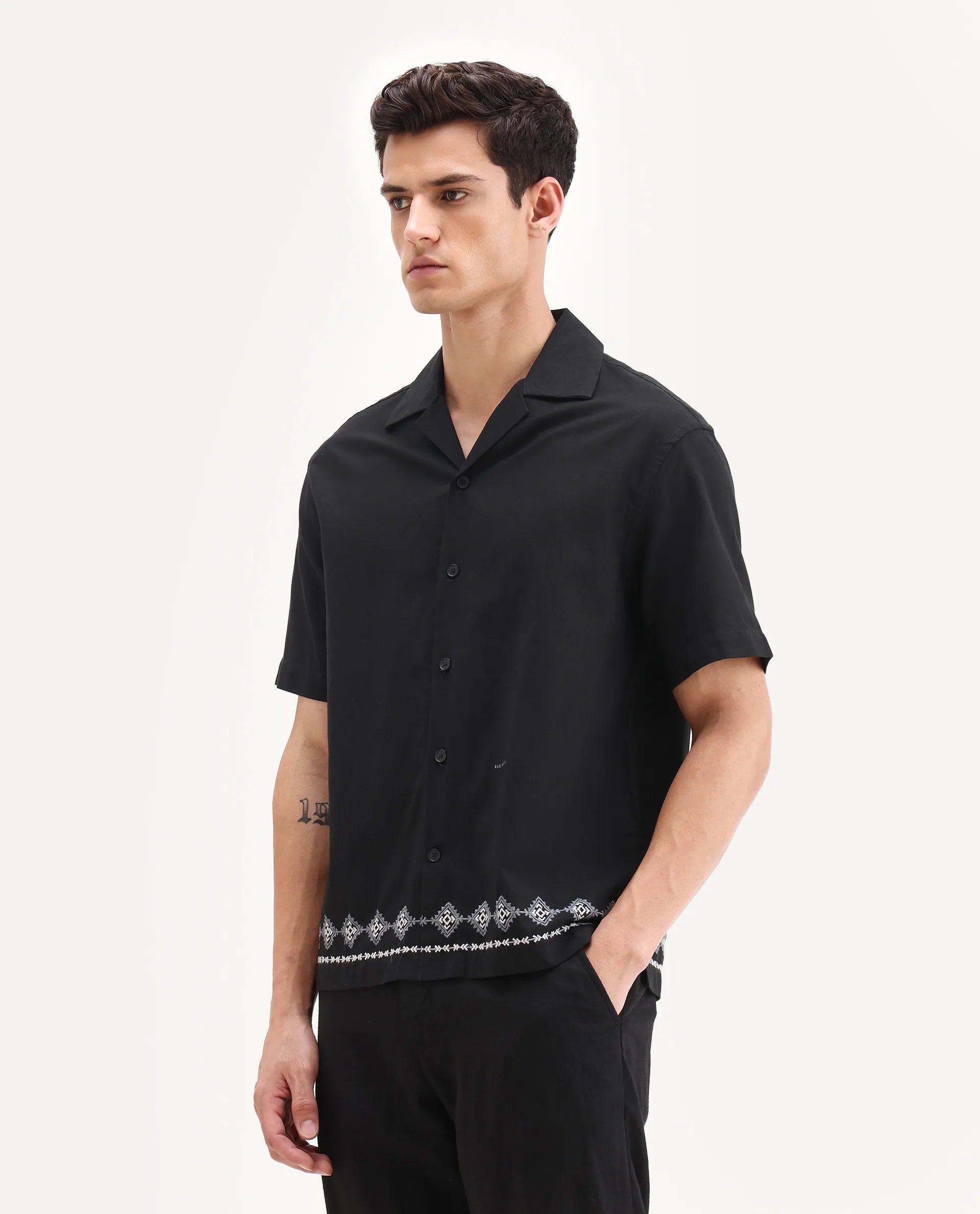Rare Rabbit Men's Tirk Black Cotton Blend Embroidered Boxy Fit Half Sleeve Cuban Collar Shirt