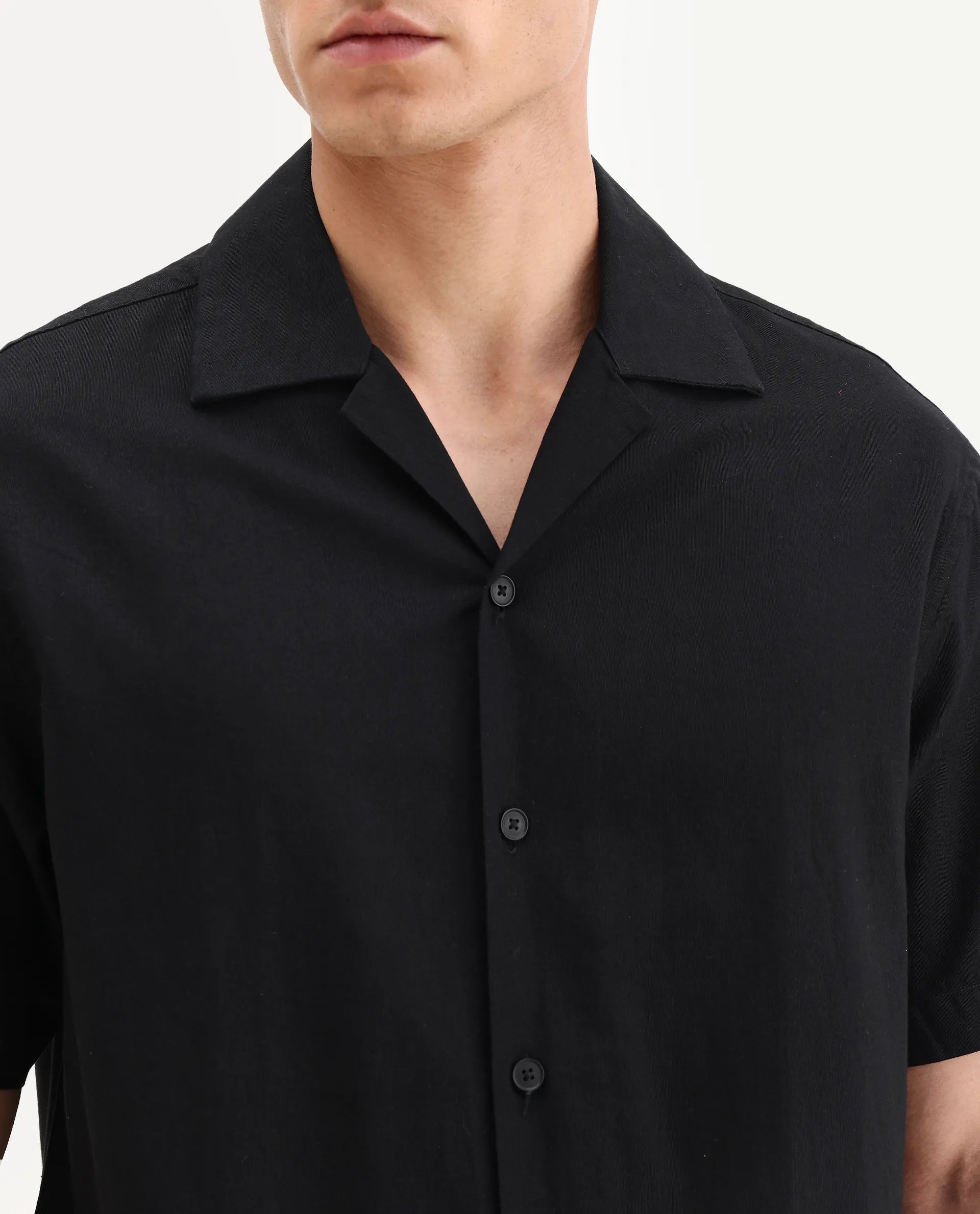 Rare Rabbit Men's Tirk Black Cotton Blend Embroidered Boxy Fit Half Sleeve Cuban Collar Shirt