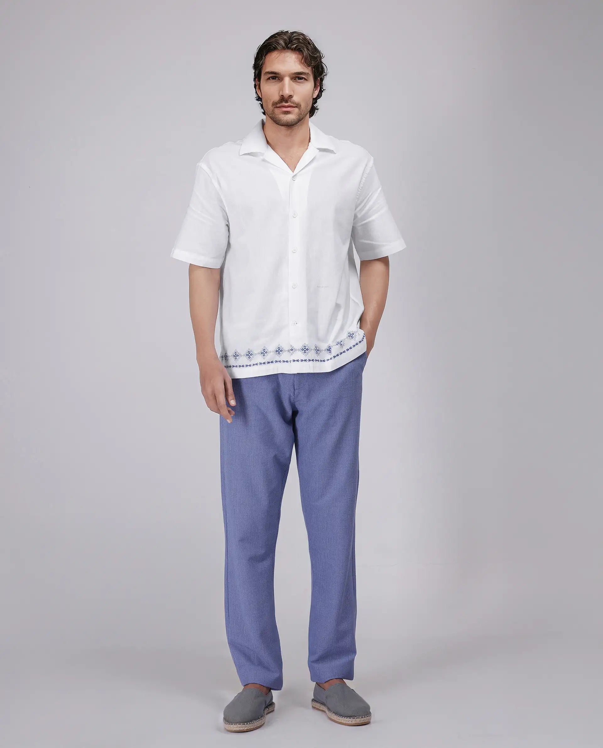 Rare Rabbit Men's Tirk White Cotton Embroidered Boxy Fit Half Sleeve Cuban Collar Shirt