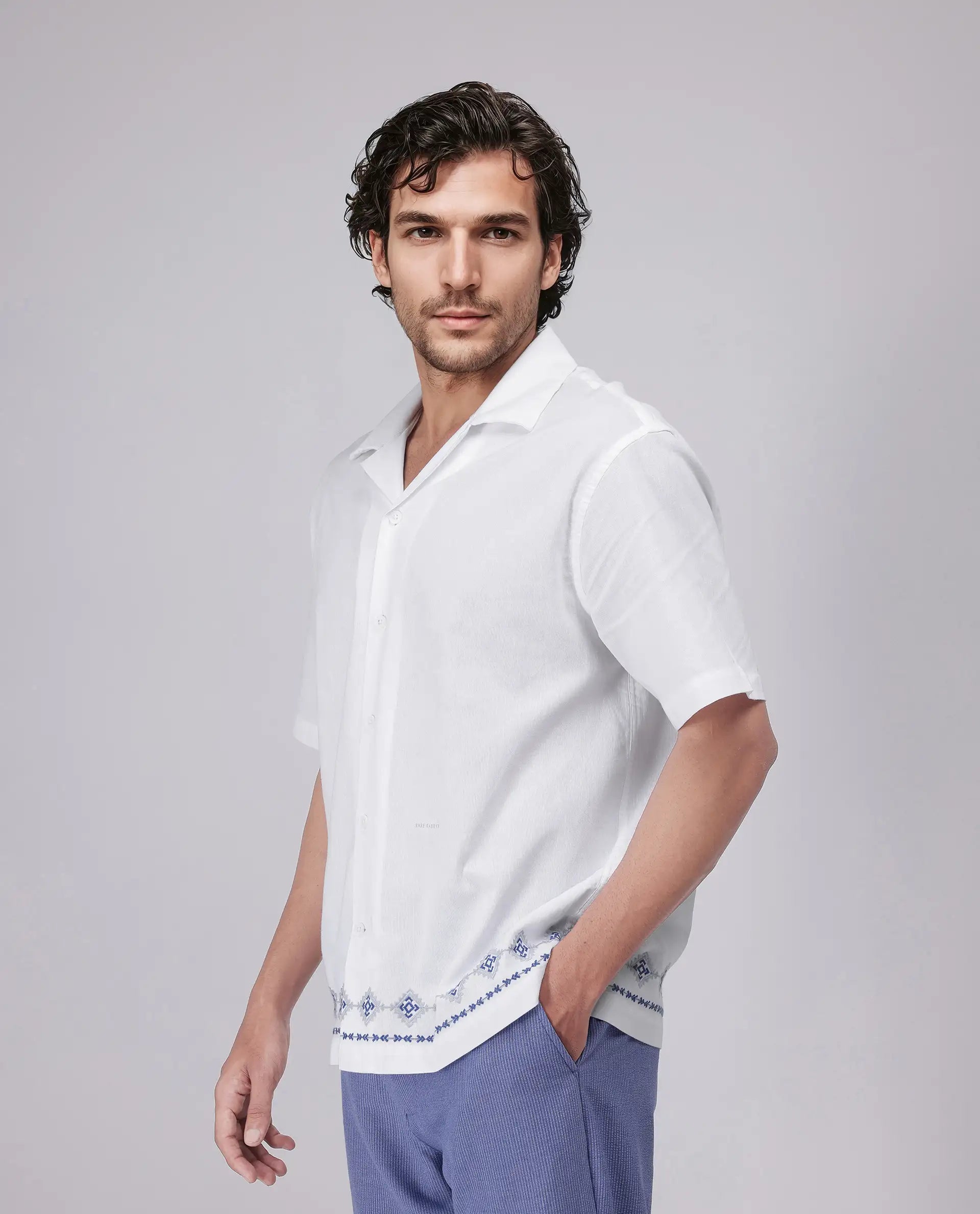 Rare Rabbit Men's Tirk White Cotton Embroidered Boxy Fit Half Sleeve Cuban Collar Shirt