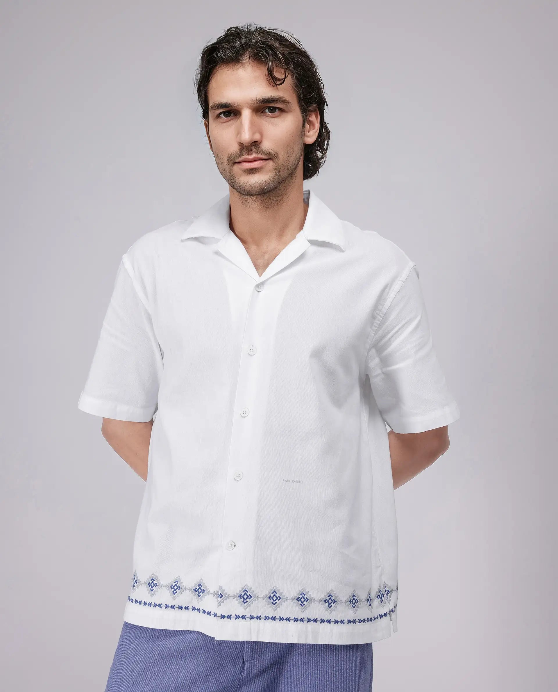 Rare Rabbit Men's Tirk White Cotton Embroidered Boxy Fit Half Sleeve Cuban Collar Shirt