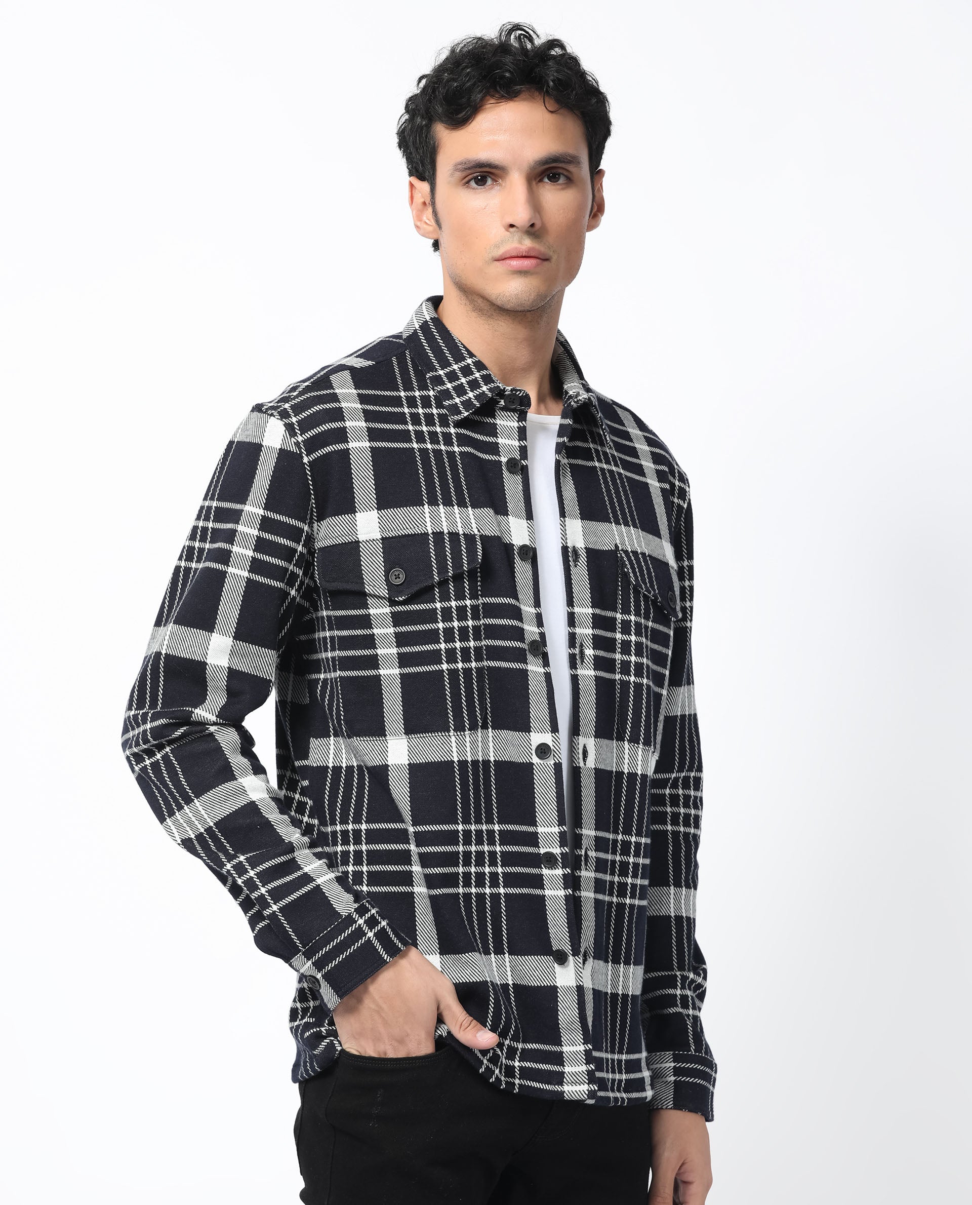 Rare Rabbit Men's Trillo Dark Navy Cotton Polyester Fabric Full Sleeve Button Closure Checks Shacket